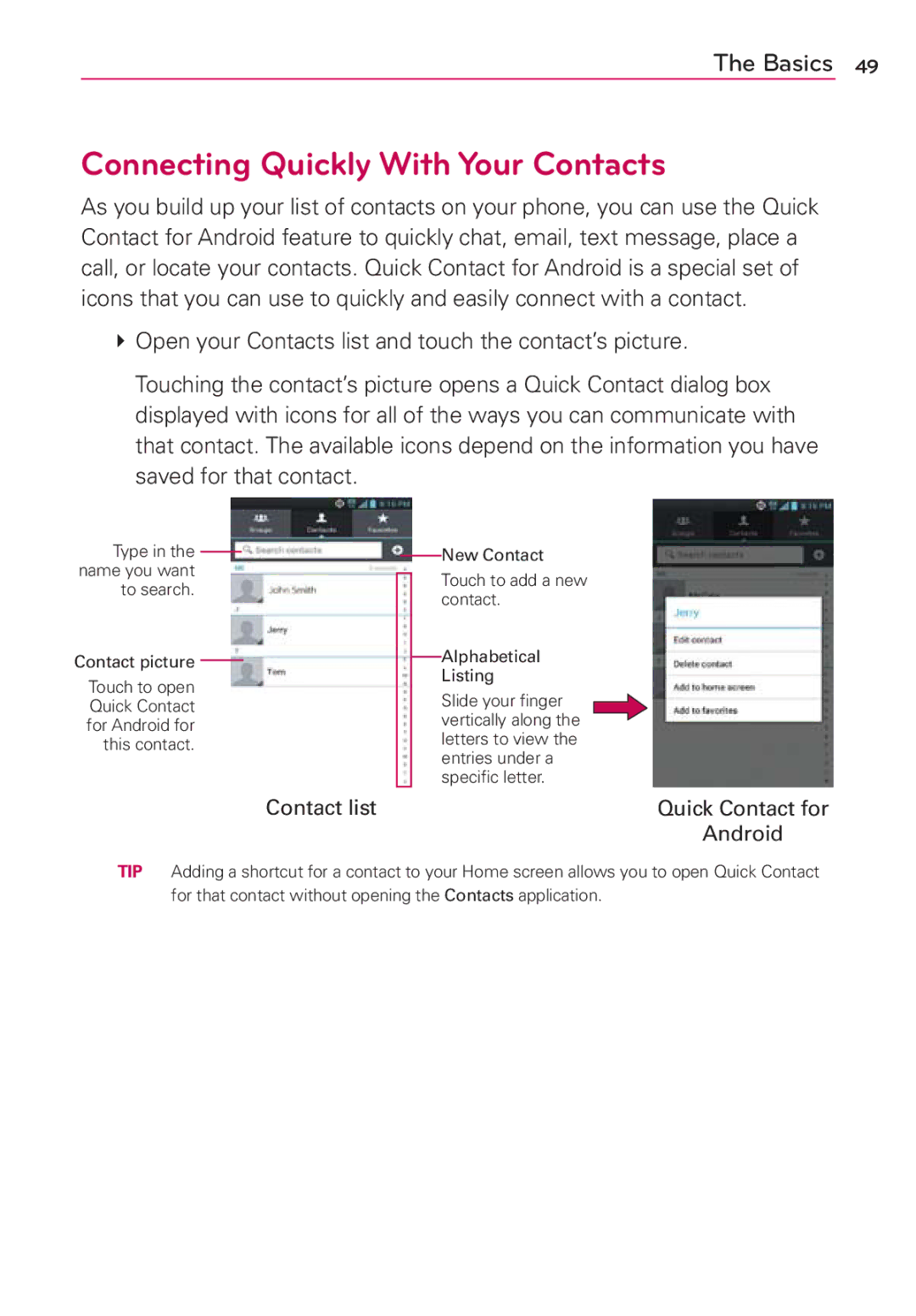 LG Electronics MFL67696601 manual Connecting Quickly With Your Contacts, Android 