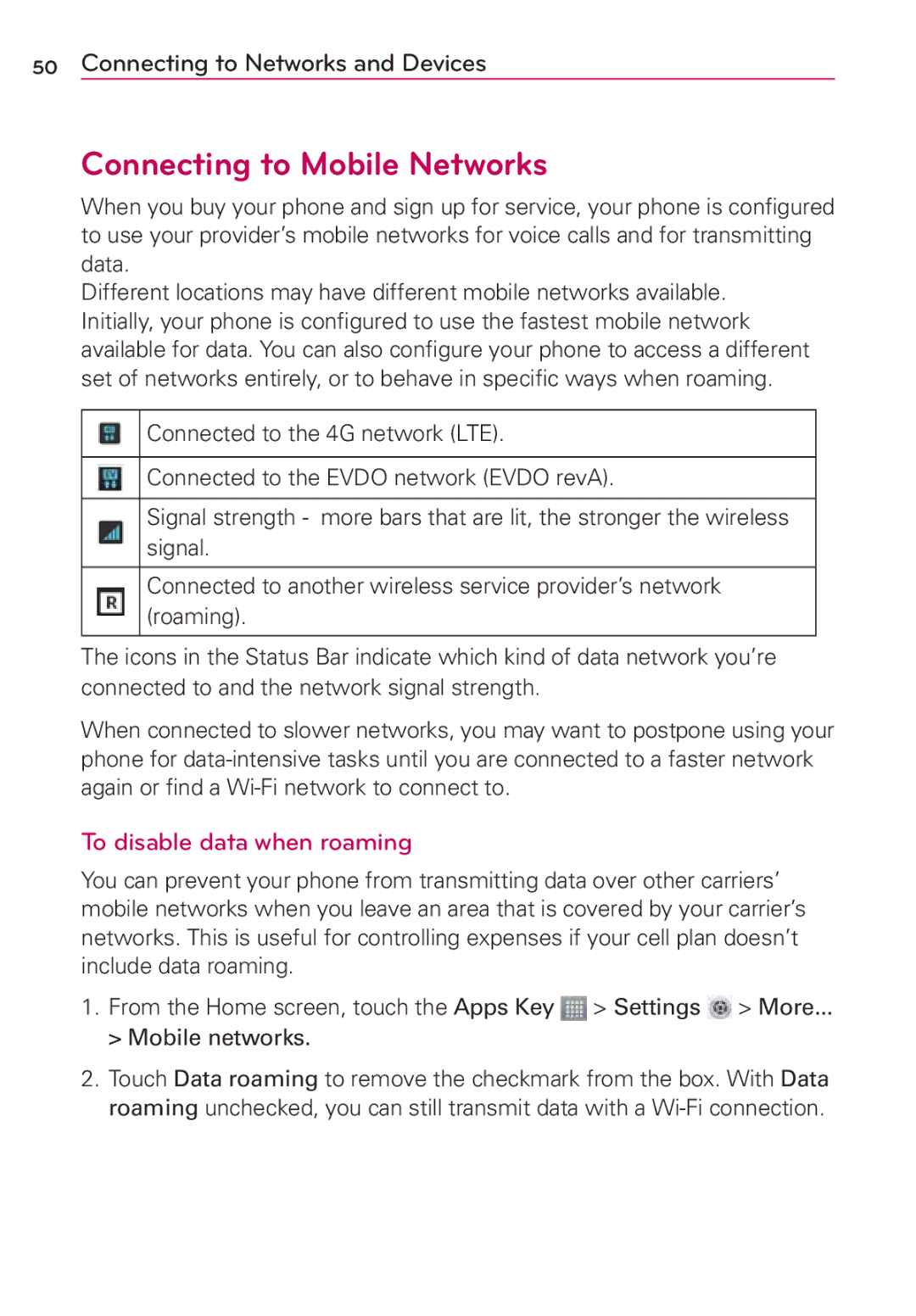 LG Electronics MFL67696601 manual Connecting to Mobile Networks, To disable data when roaming 