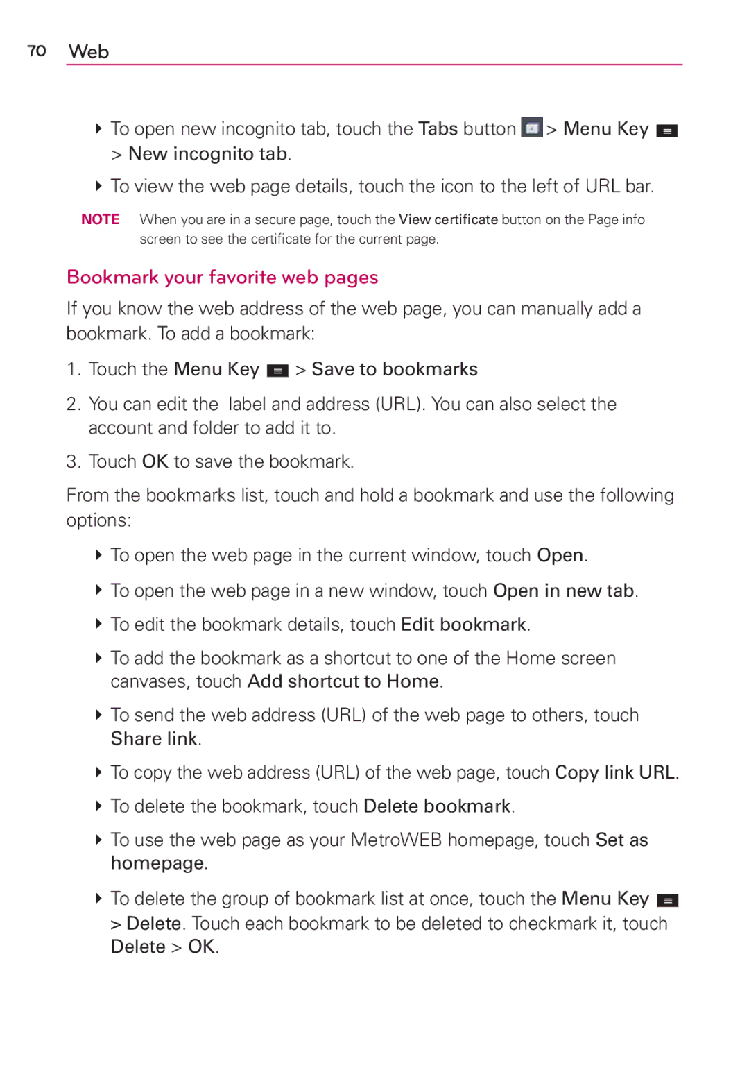 LG Electronics MFL67696601 manual 70 Web, Bookmark your favorite web pages 