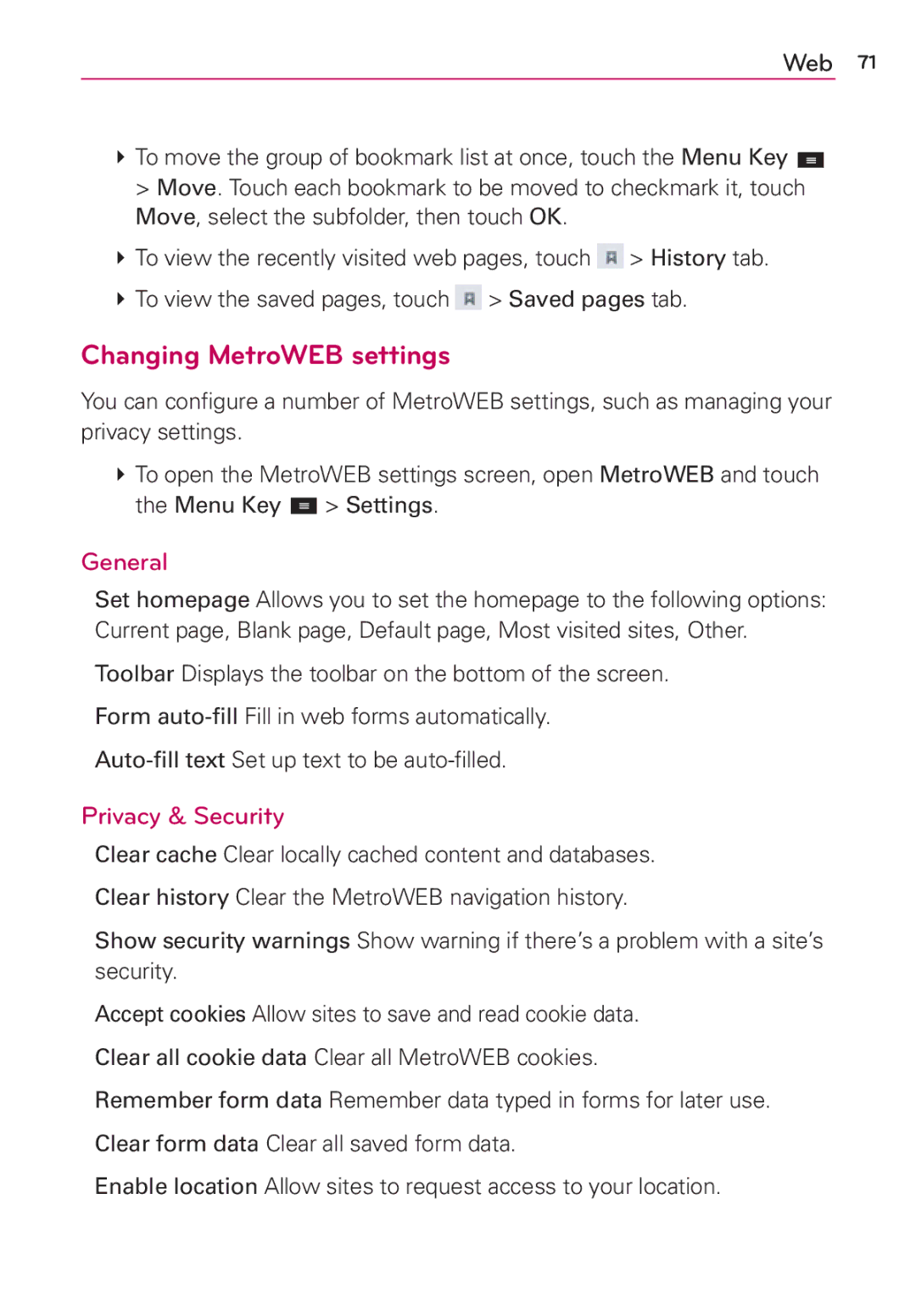 LG Electronics MFL67696601 manual Changing MetroWEB settings, General, Privacy & Security 