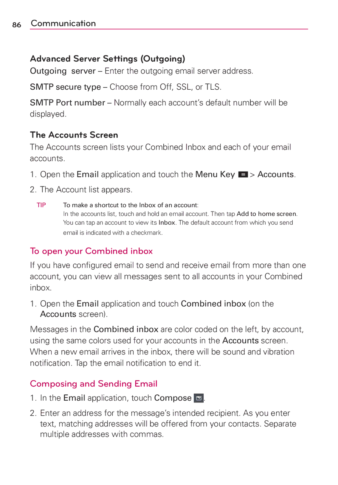 LG Electronics MFL67696601 manual Advanced Server Settings Outgoing, Accounts Screen, To open your Combined inbox 