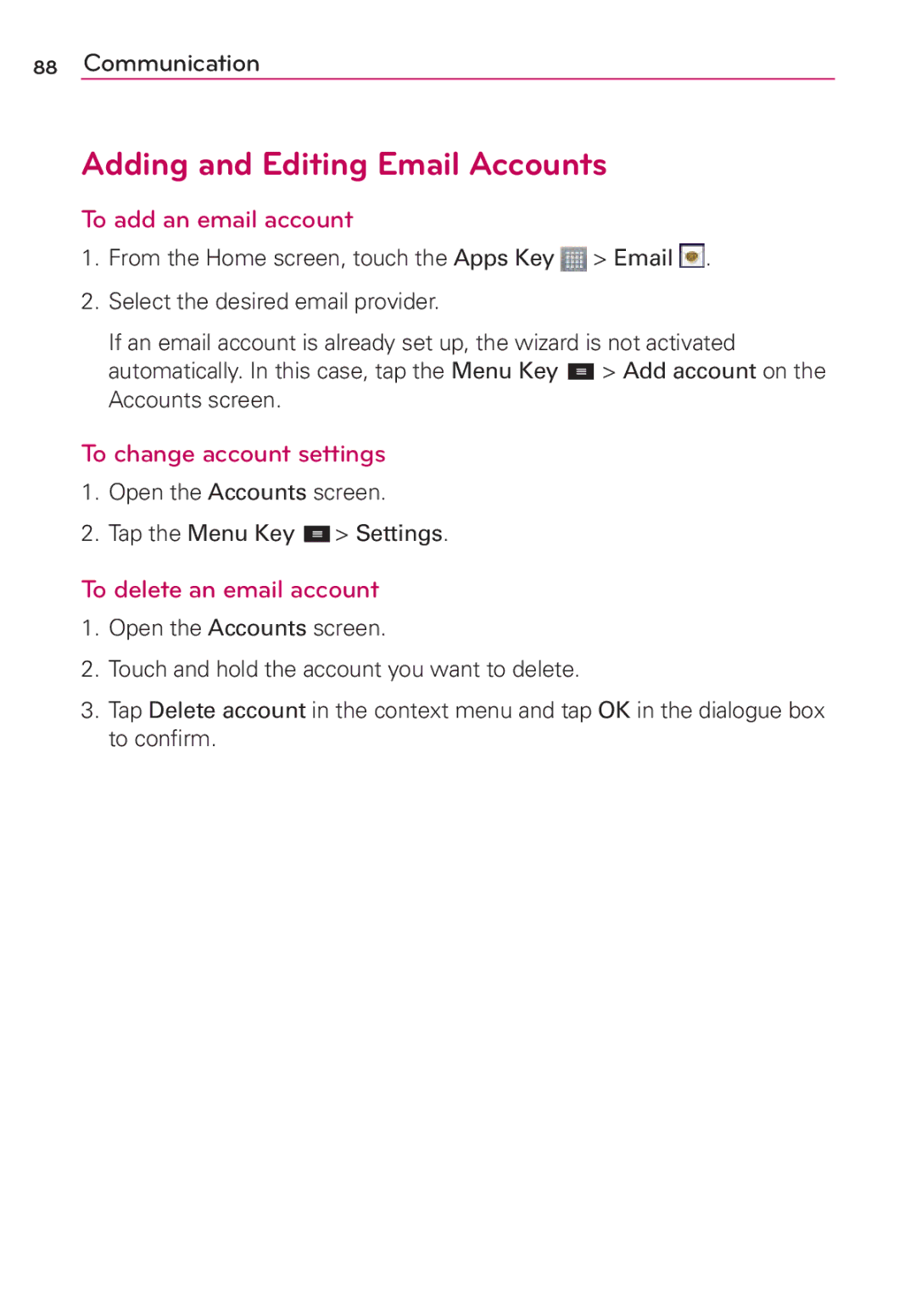 LG Electronics MFL67696601 manual Adding and Editing Email Accounts, To add an email account, To change account settings 