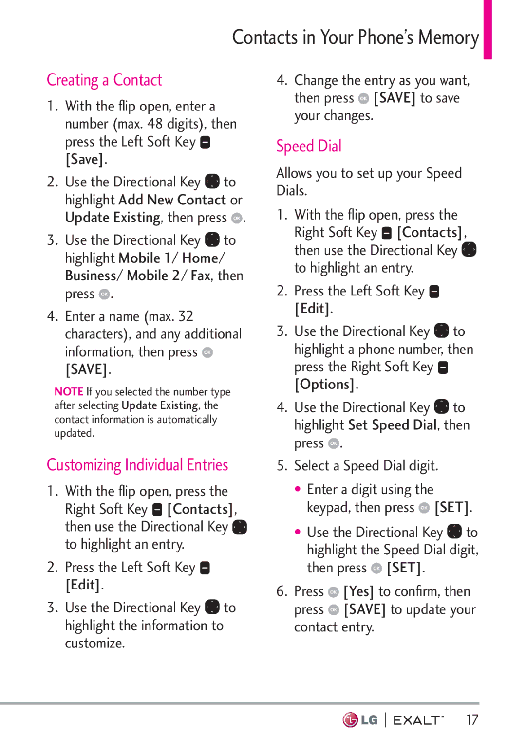 LG Electronics MFL67874301 manual Creating a Contact, Speed Dial, Press the Left Soft Key Save 