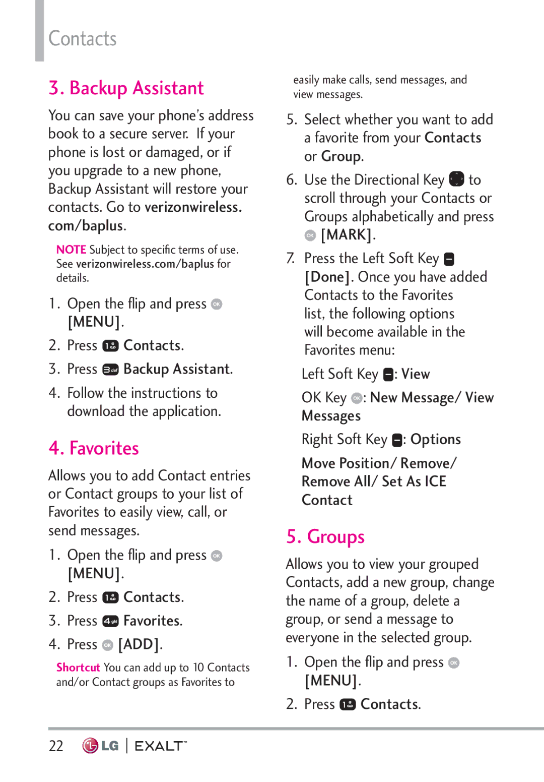 LG Electronics MFL67874301 manual Backup Assistant, Favorites, Groups, Open the ﬂip and press Menu Press Contacts 