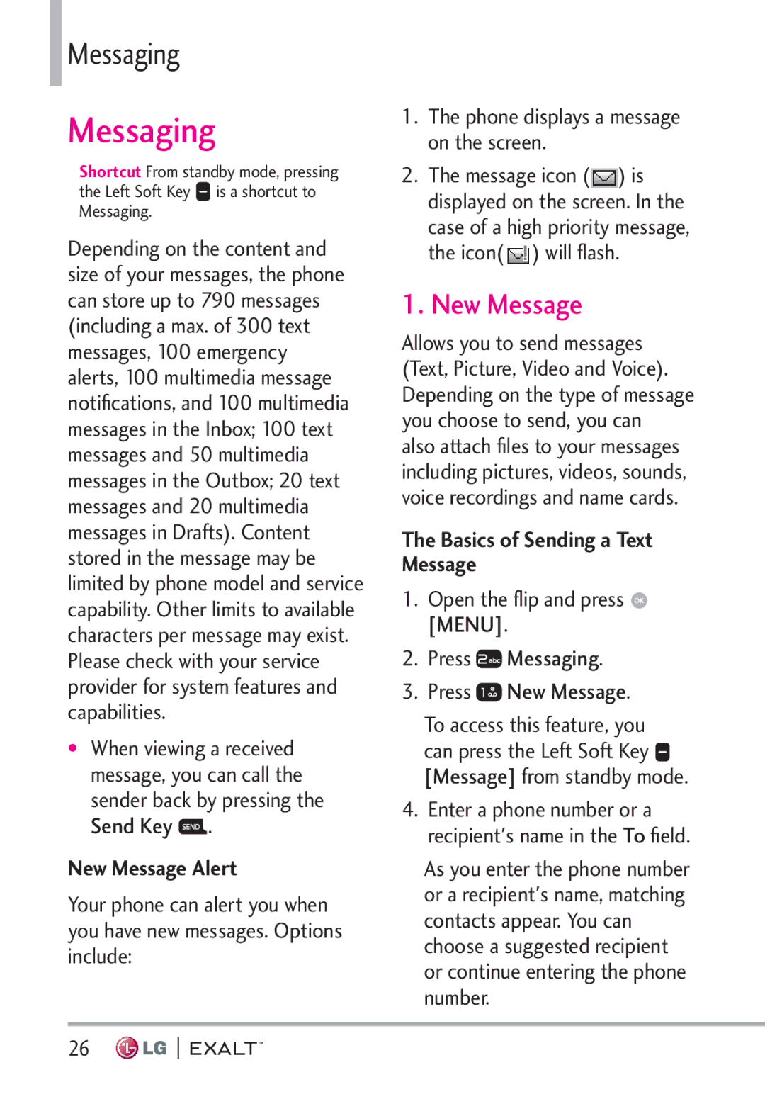LG Electronics MFL67874301 manual New Message Alert, Basics of Sending a Text Message 