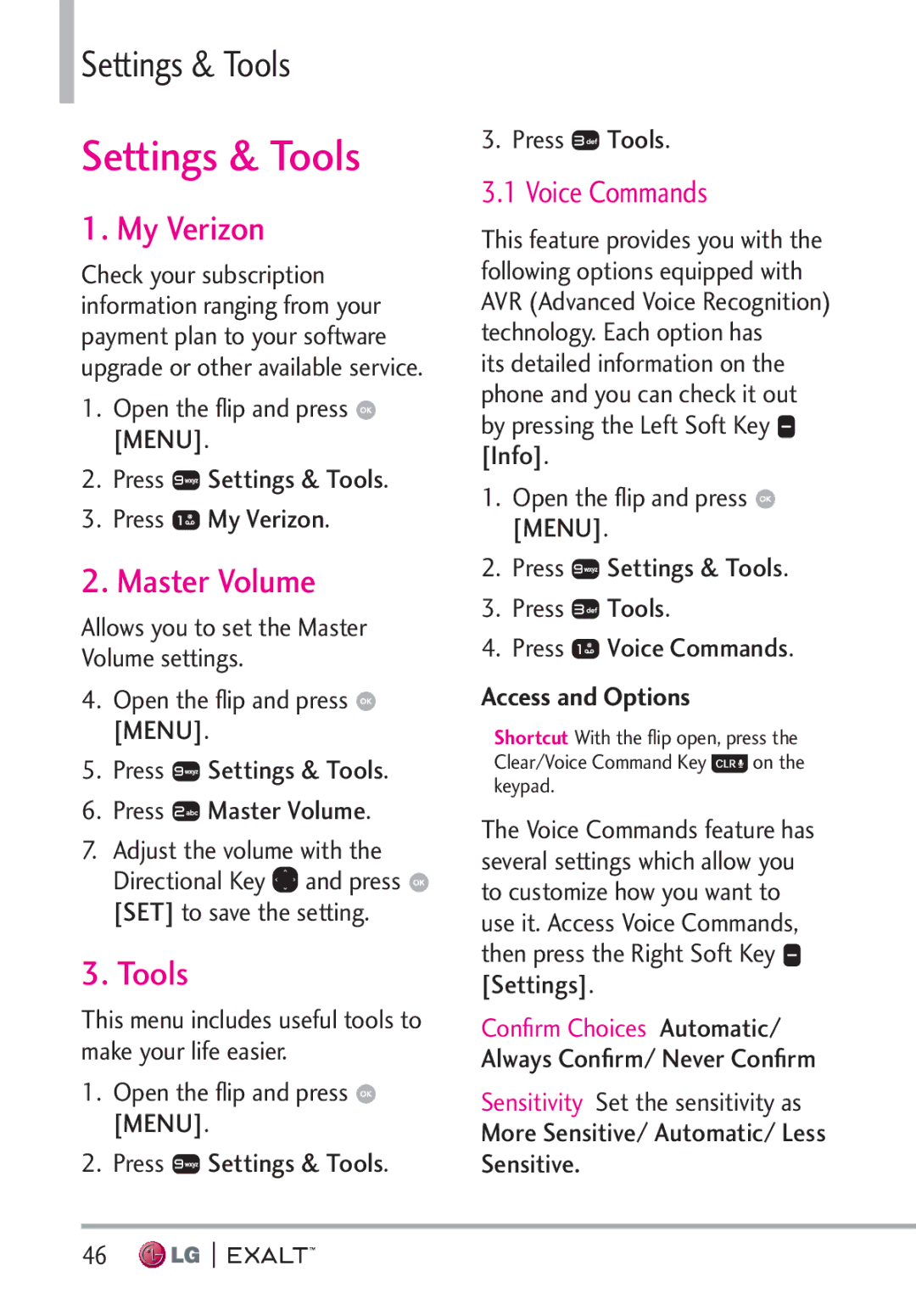 LG Electronics MFL67874301 manual My Verizon, Master Volume, Tools 