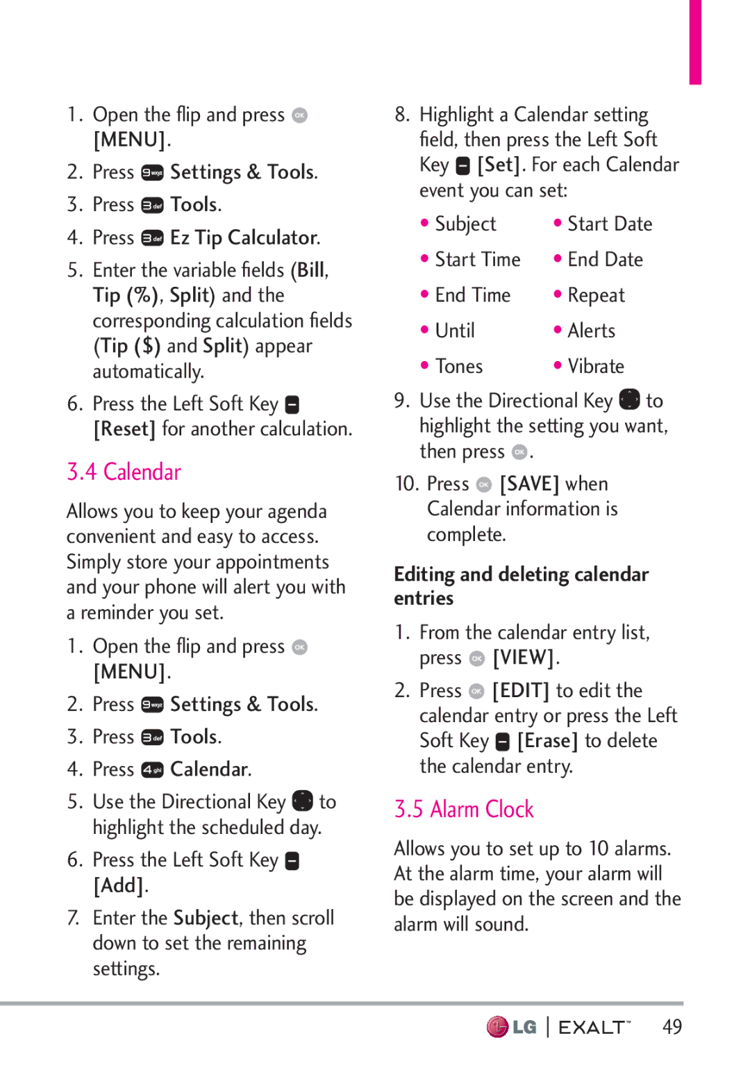 LG Electronics MFL67874301 manual Calendar, Alarm Clock, Editing and deleting calendar entries 