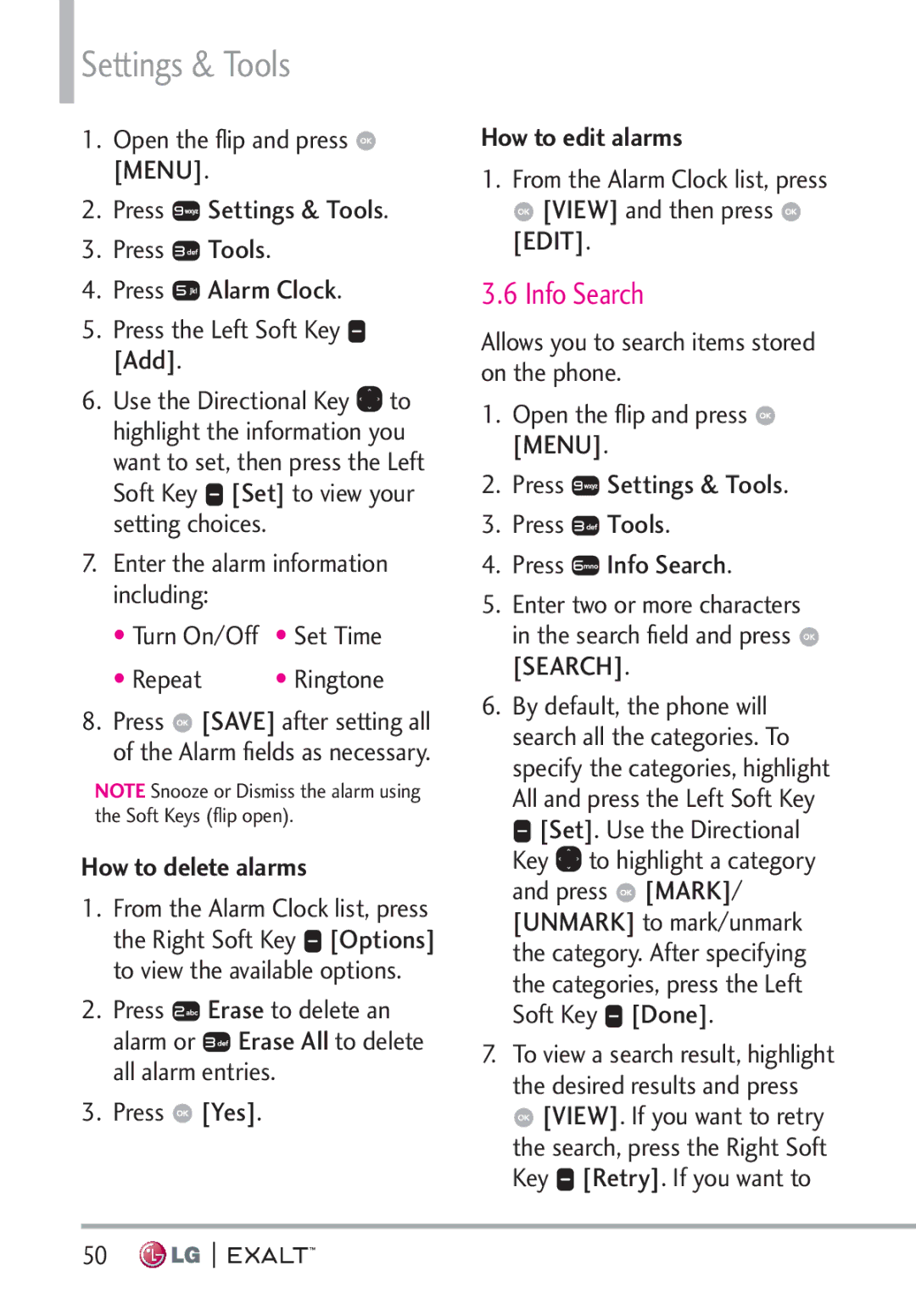 LG Electronics MFL67874301 manual Info Search, How to delete alarms, From the Alarm Clock list, press, How to edit alarms 