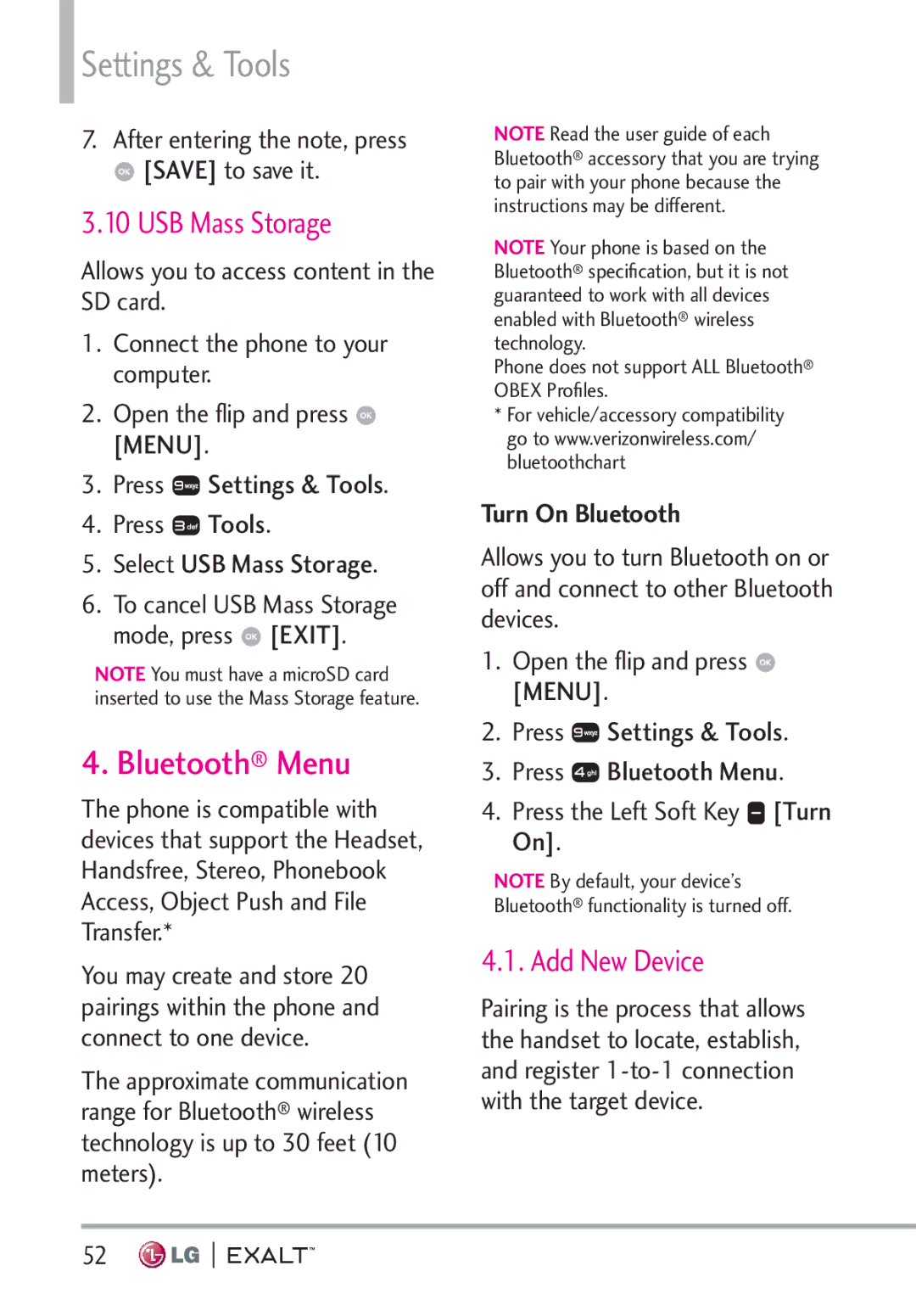 LG Electronics MFL67874301 manual Bluetooth Menu, USB Mass Storage, Add New Device, Turn On Bluetooth 