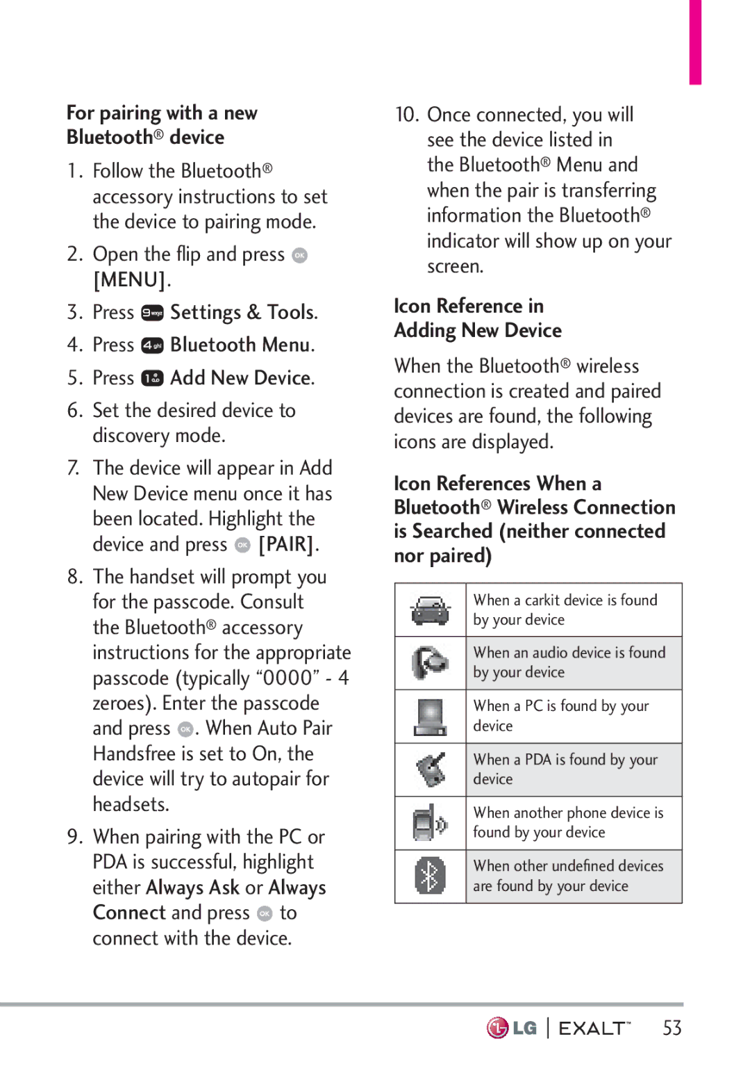 LG Electronics MFL67874301 manual For pairing with a new Bluetooth device, Icon Reference Adding New Device 