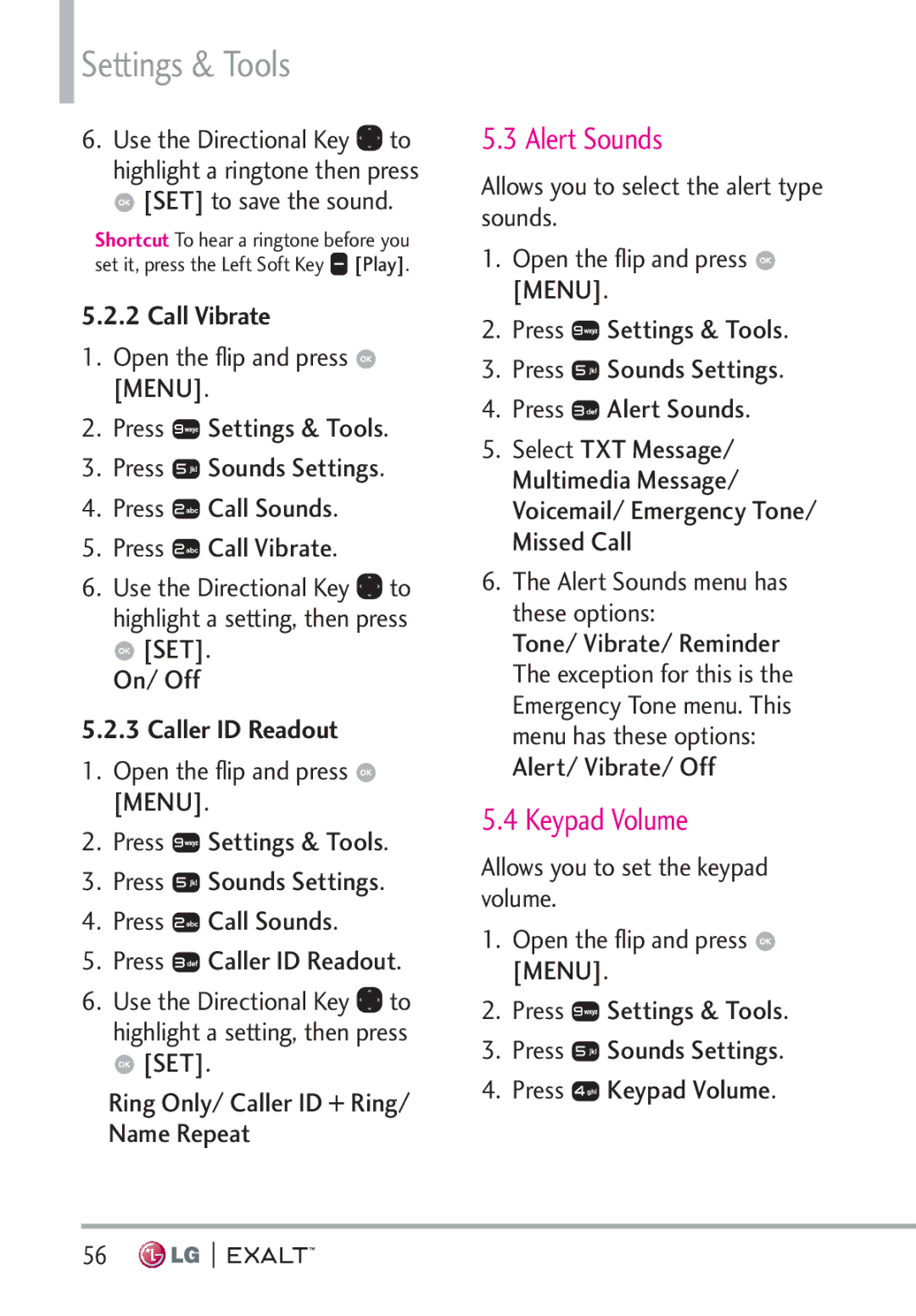 LG Electronics MFL67874301 manual Alert Sounds, Keypad Volume, Call Vibrate, Caller ID Readout, Alert/ Vibrate/ Off 