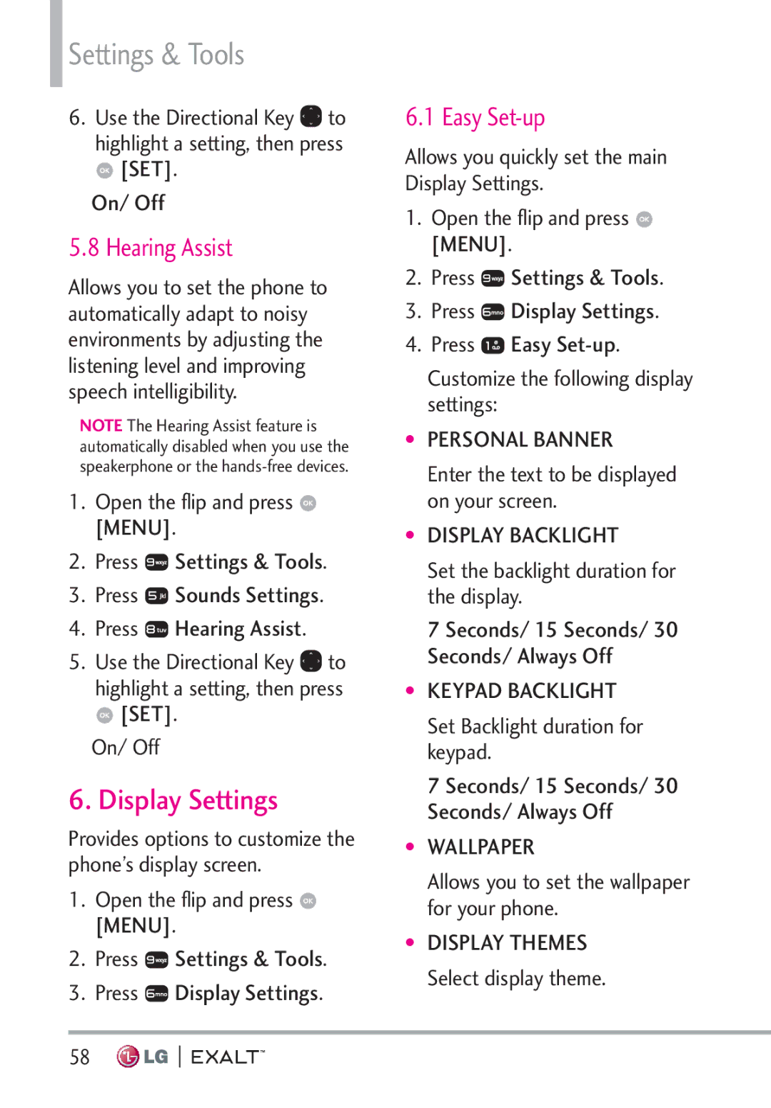 LG Electronics MFL67874301 manual Display Settings, Hearing Assist, Enter the text to be displayed on your screen 