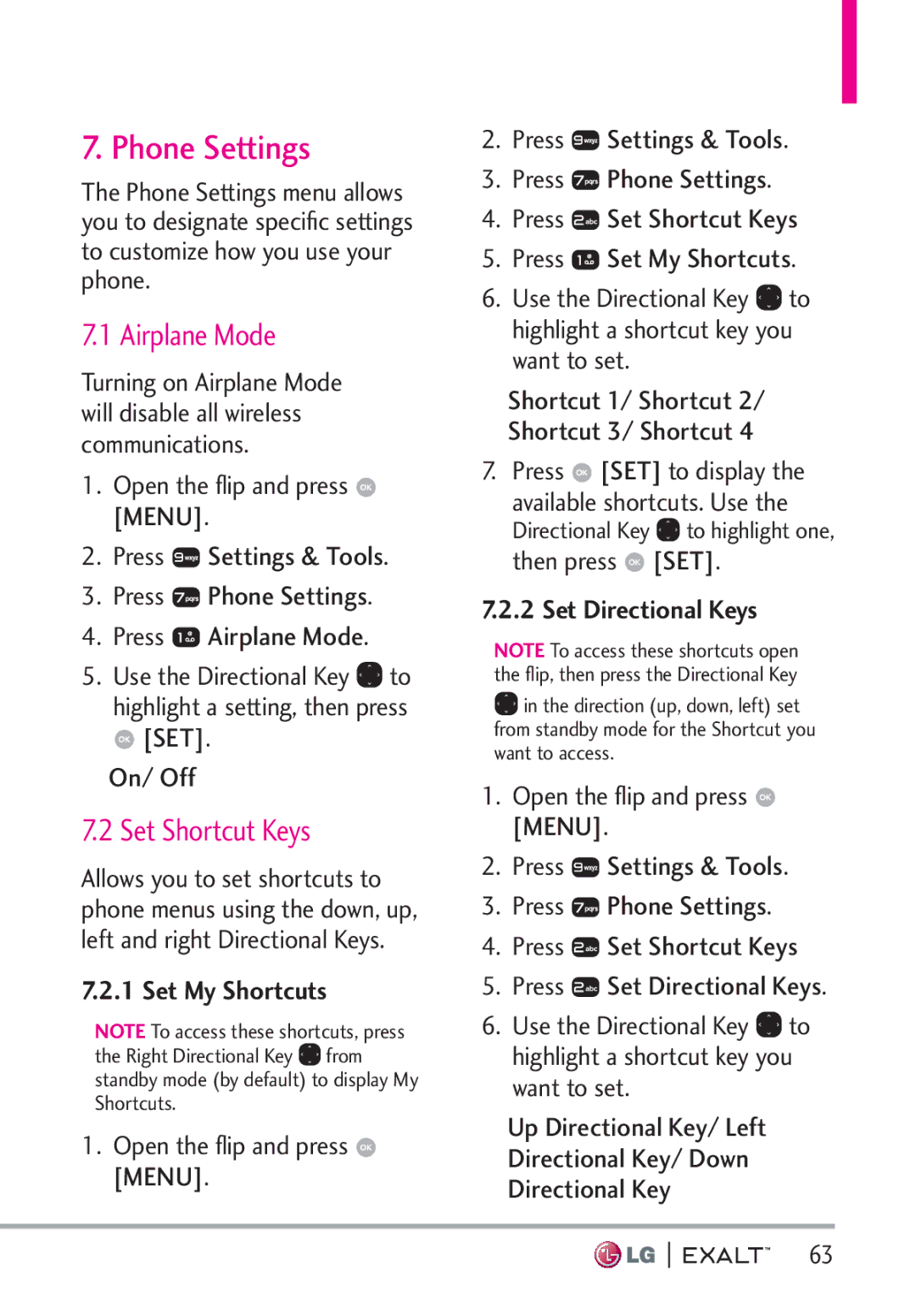 LG Electronics MFL67874301 manual Phone Settings, Airplane Mode, Set Shortcut Keys, Set My Shortcuts, Set Directional Keys 