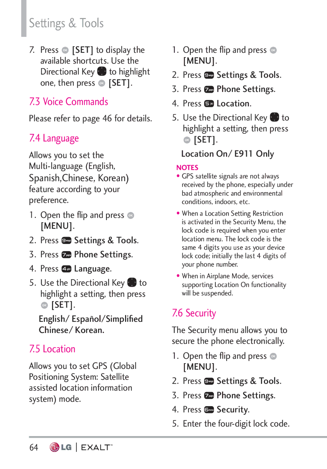 LG Electronics MFL67874301 manual Language, Location, Security, Please refer to page 46 for details 