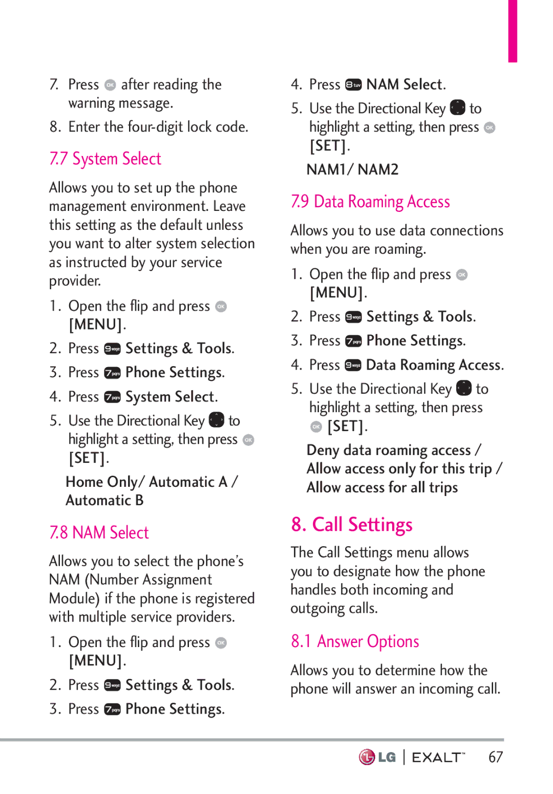 LG Electronics MFL67874301 manual Call Settings, System Select, NAM Select, Data Roaming Access, Answer Options 