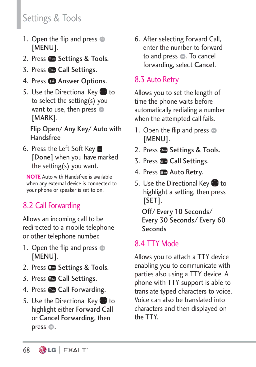 LG Electronics MFL67874301 manual Call Forwarding, Auto Retry, TTY Mode 