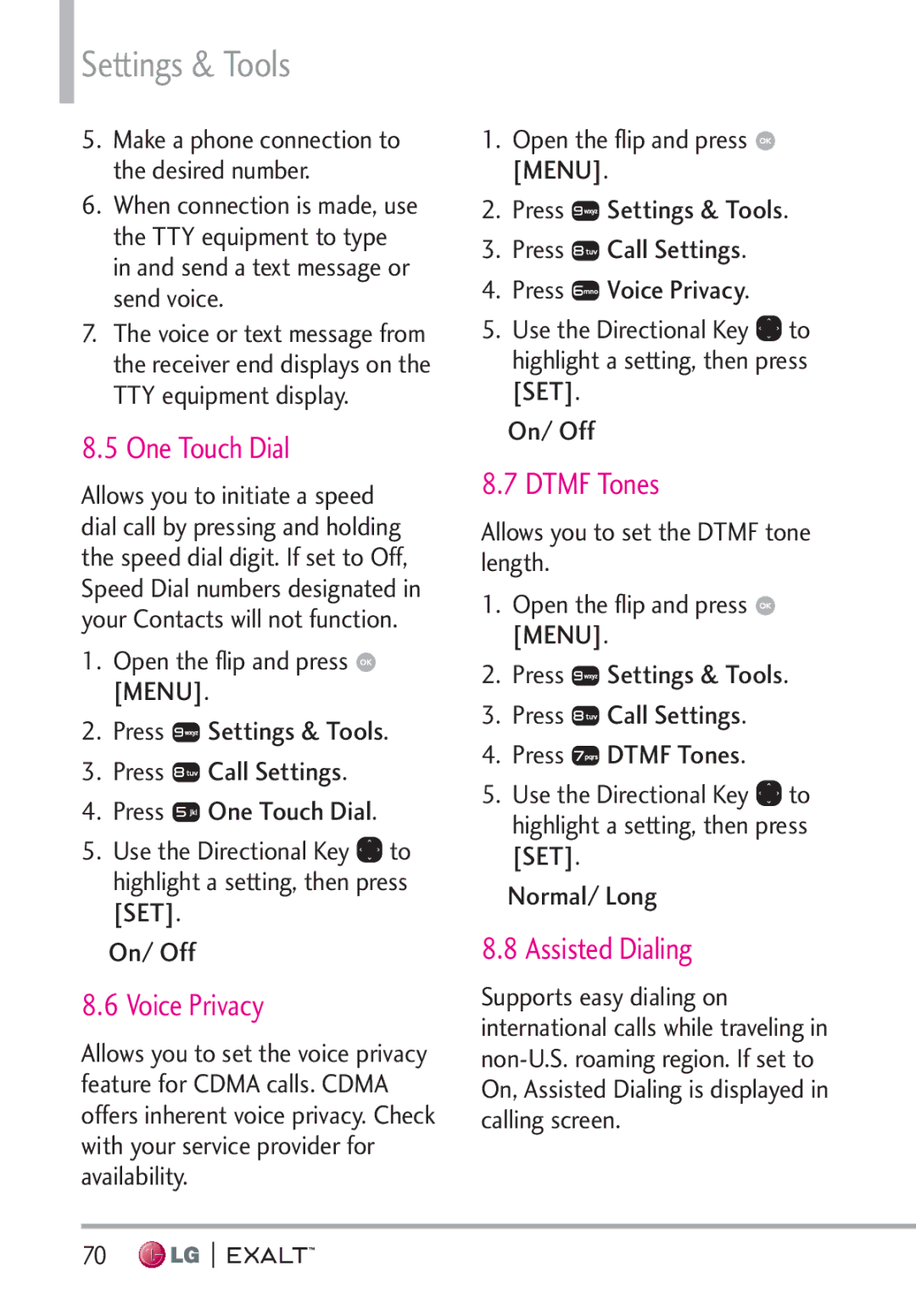 LG Electronics MFL67874301 manual One Touch Dial, Voice Privacy, Dtmf Tones, Assisted Dialing 