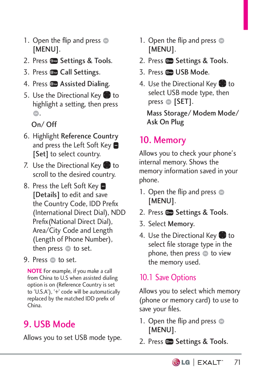 LG Electronics MFL67874301 manual USB Mode, Memory, Save Options, Press to set 
