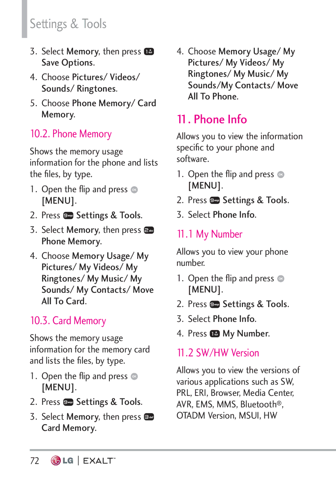LG Electronics MFL67874301 manual Phone Info, Phone Memory, Card Memory, My Number, 11.2 SW/HW Version 