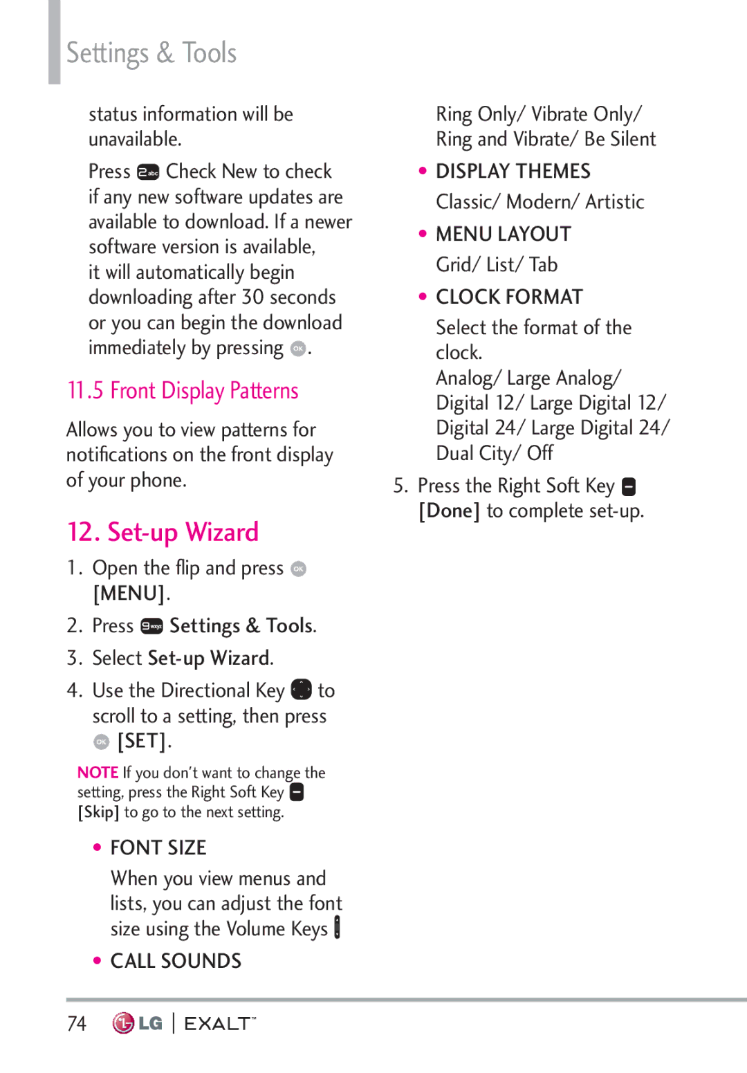 LG Electronics MFL67874301 Set-up Wizard, Front Display Patterns, Status information will be unavailable, Grid/ List/ Tab 