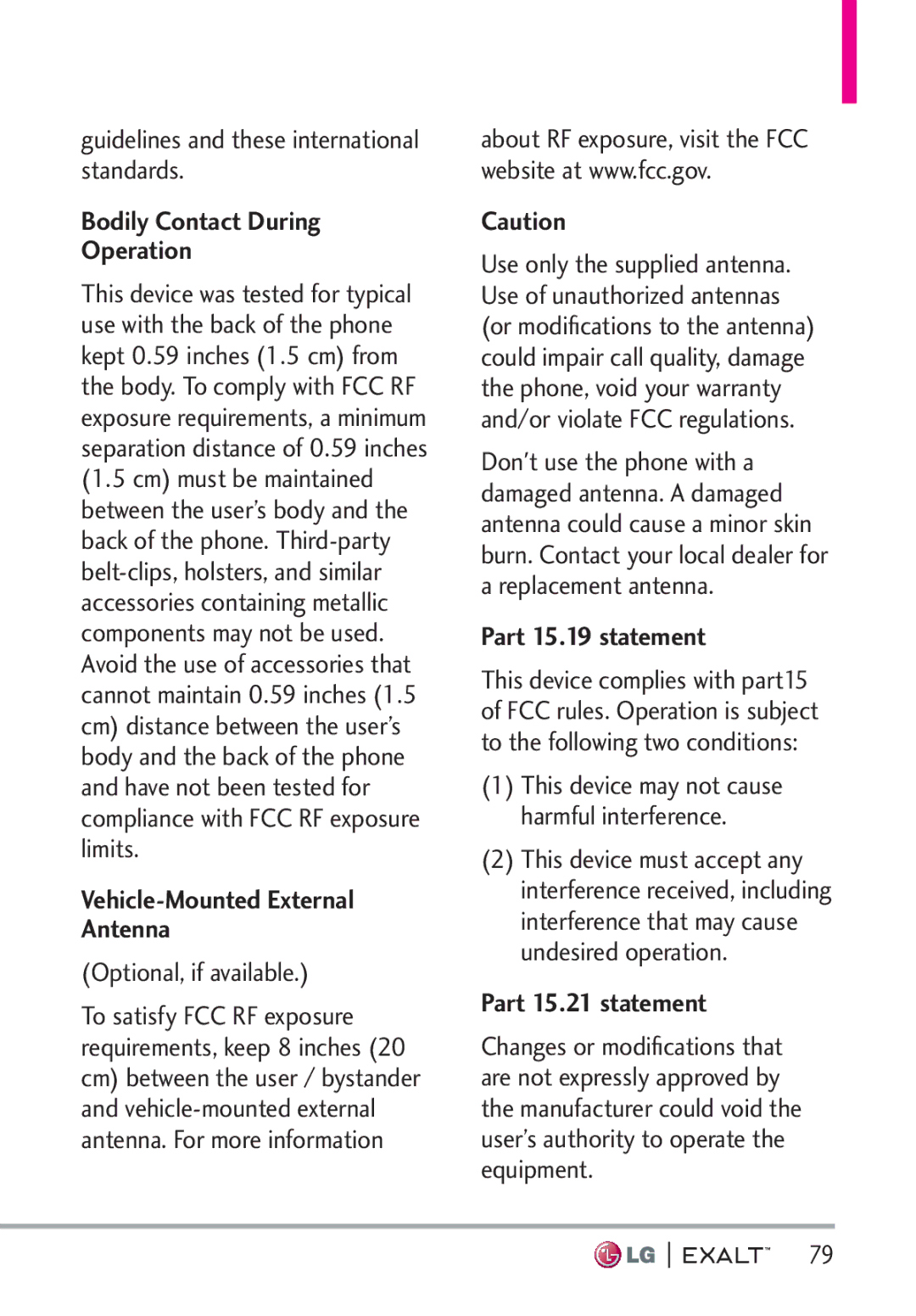 LG Electronics MFL67874301 manual Bodily Contact During Operation, Vehicle-Mounted External Antenna, Part 15.19 statement 