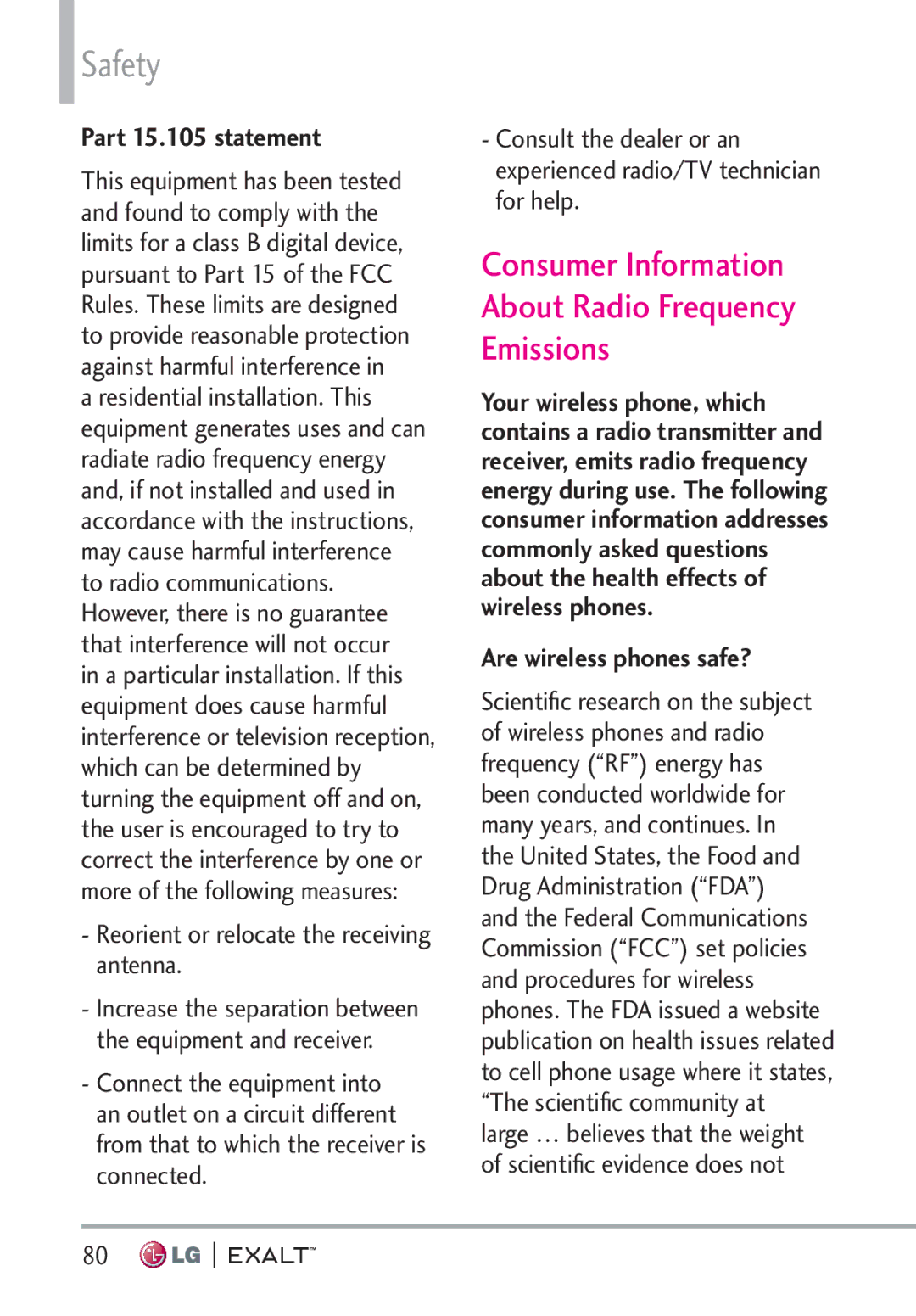 LG Electronics MFL67874301 manual Safety, Consumer Information About Radio Frequency Emissions, Part 15.105 statement 