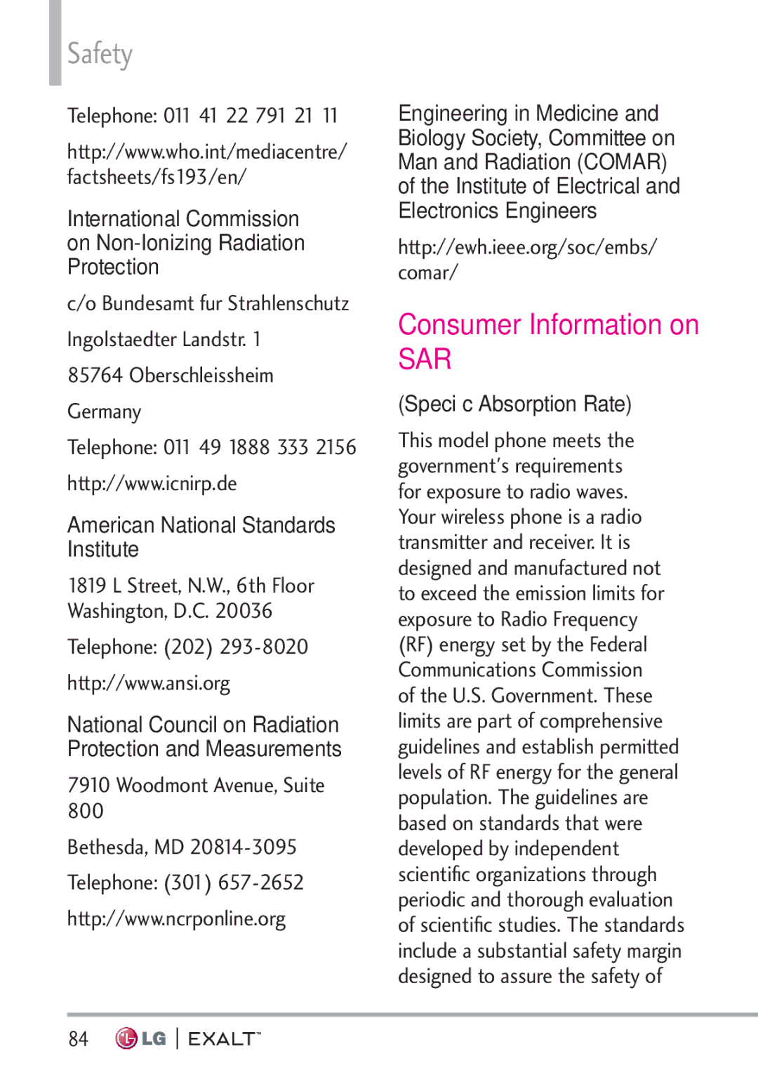 LG Electronics MFL67874301 manual Consumer Information on, American National Standards Institute, Speciﬁc Absorption Rate 