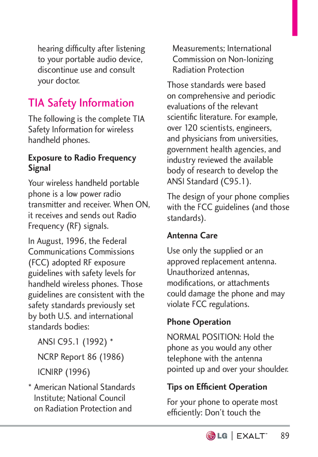 LG Electronics MFL67874301 manual TIA Safety Information, Exposure to Radio Frequency Signal, Antenna Care, Phone Operation 