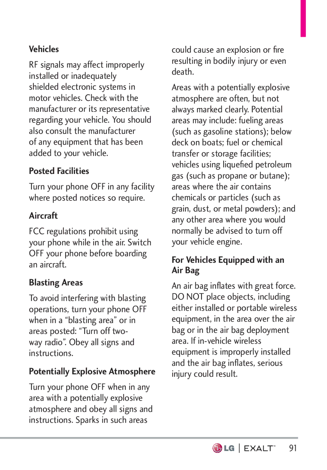 LG Electronics MFL67874301 manual Posted Facilities, Aircraft, Blasting Areas, For Vehicles Equipped with an Air Bag 