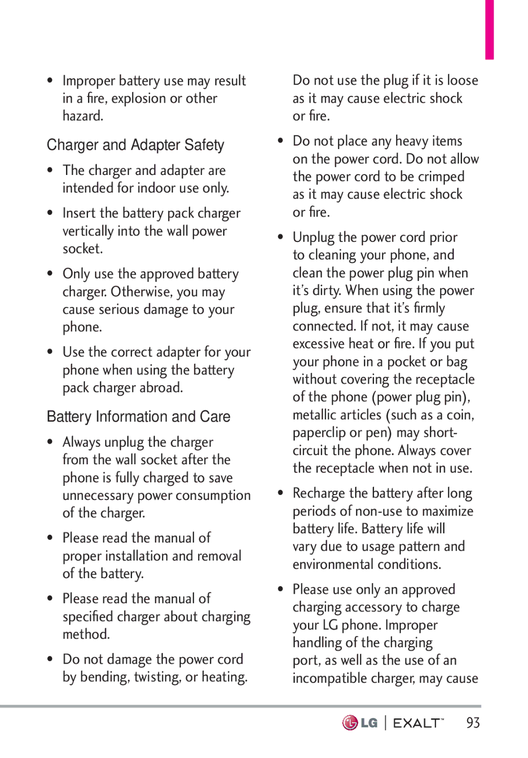 LG Electronics MFL67874301 manual Charger and Adapter Safety, Battery Information and Care 