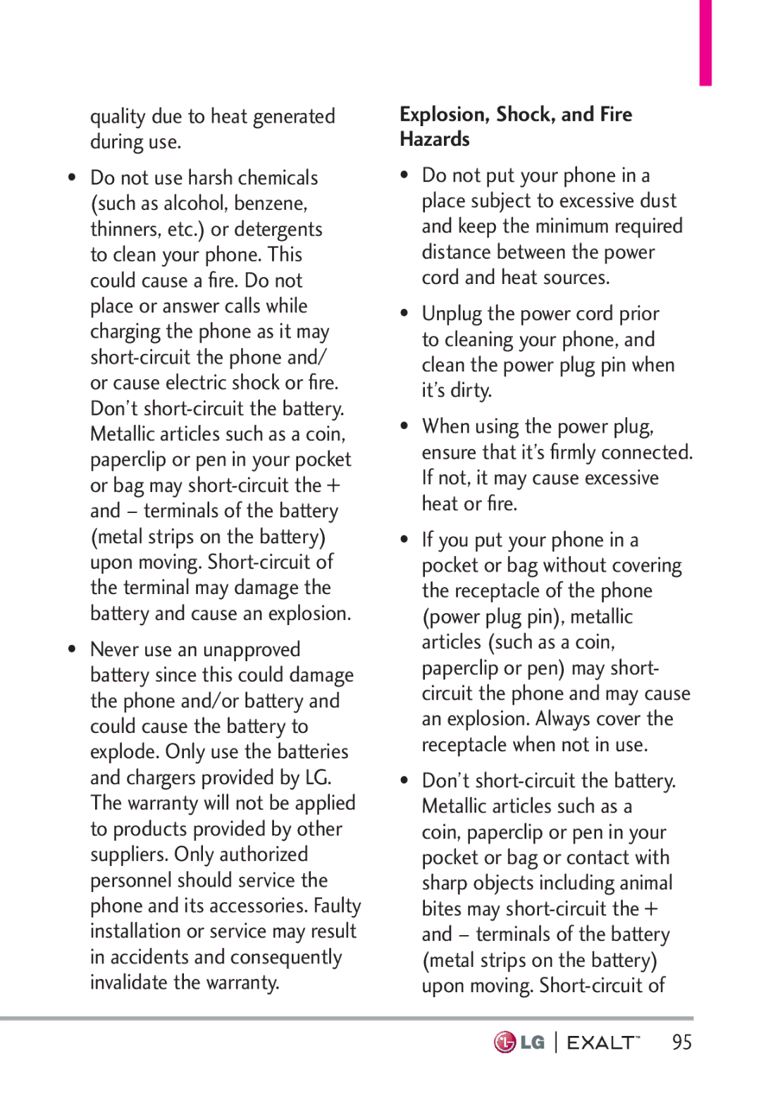 LG Electronics MFL67874301 manual Quality due to heat generated during use, Explosion, Shock, and Fire Hazards 