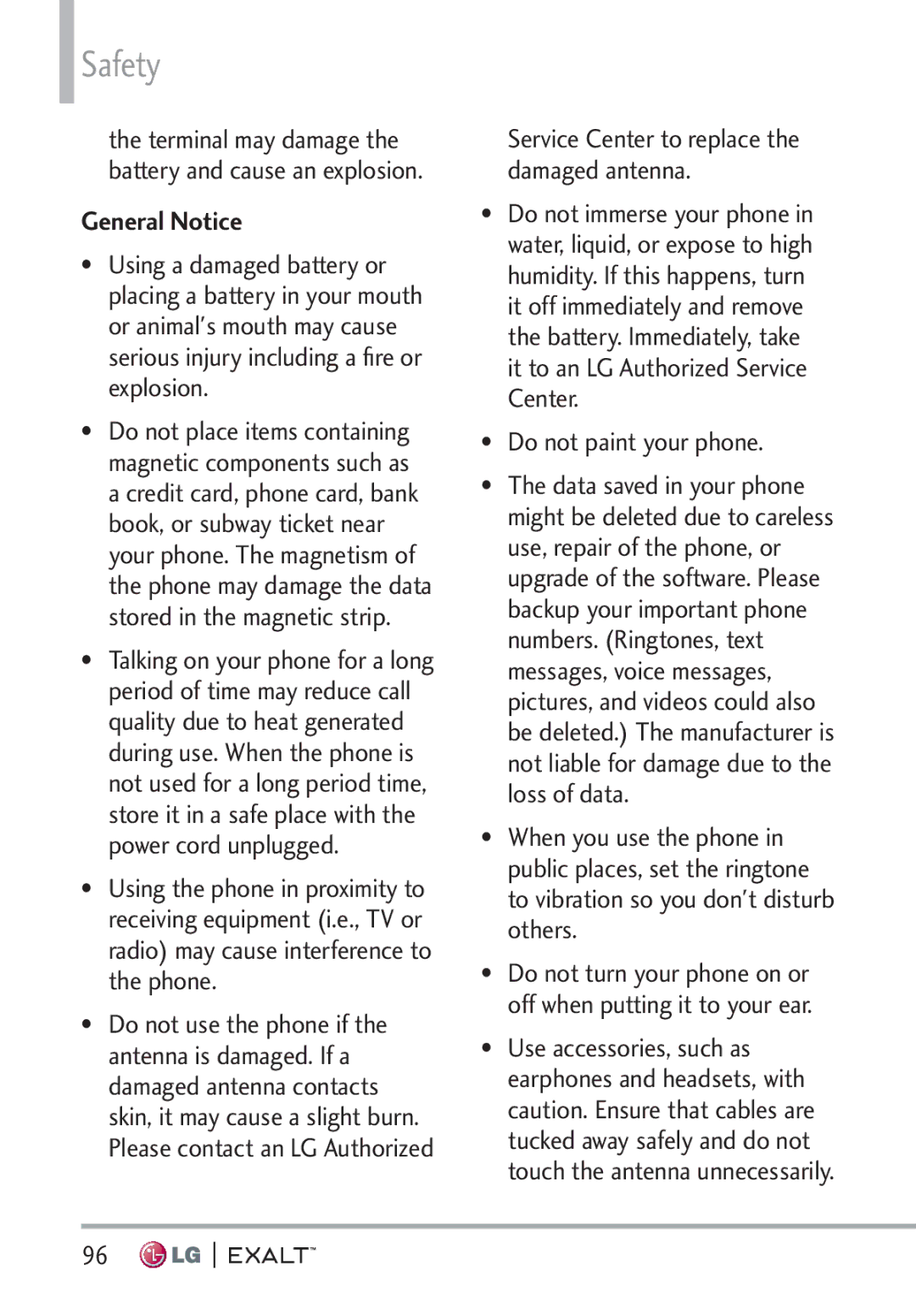 LG Electronics MFL67874301 manual General Notice, Service Center to replace the damaged antenna, Do not paint your phone 