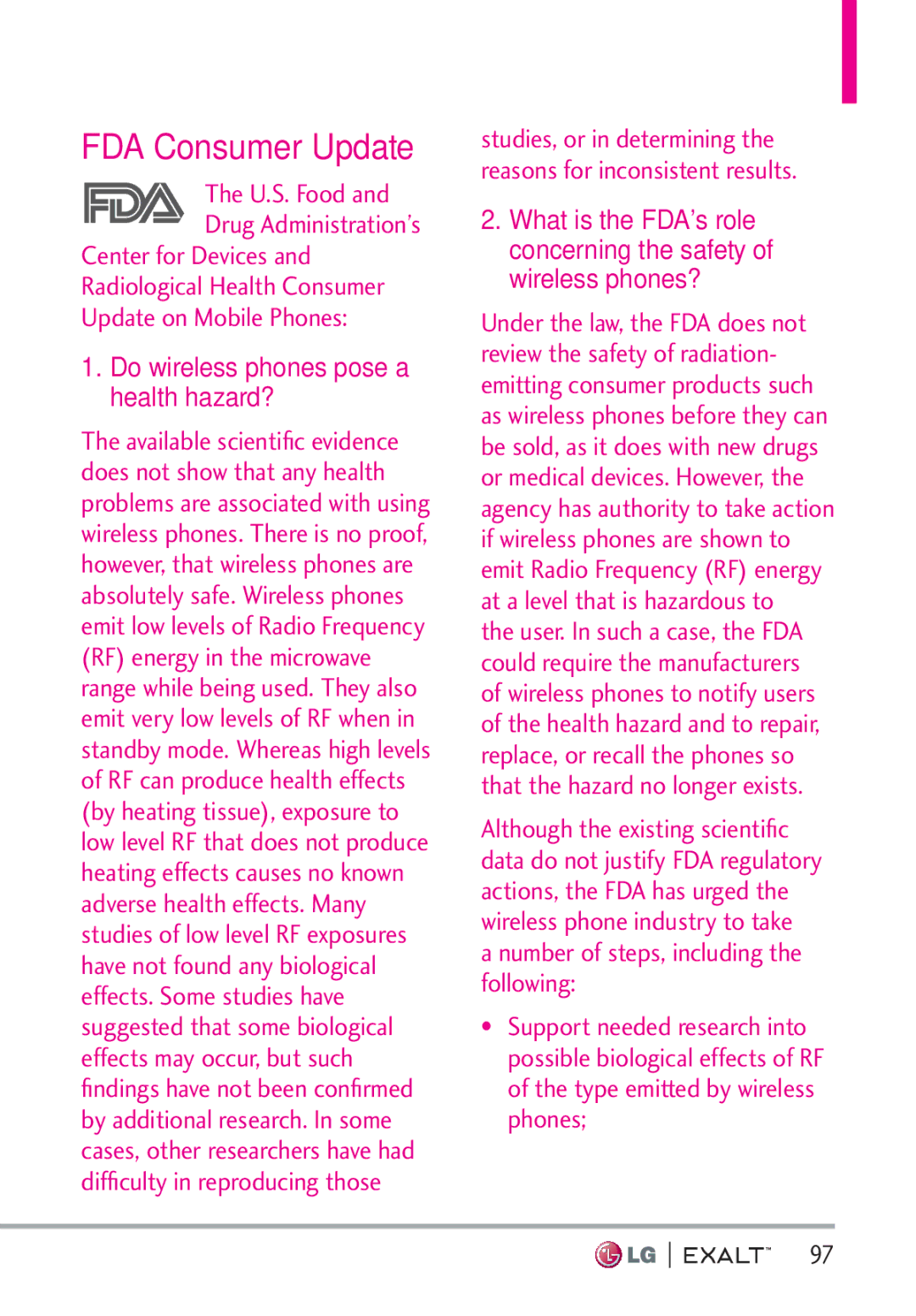 LG Electronics MFL67874301 manual FDA Consumer Update, Do wireless phones pose a health hazard? 