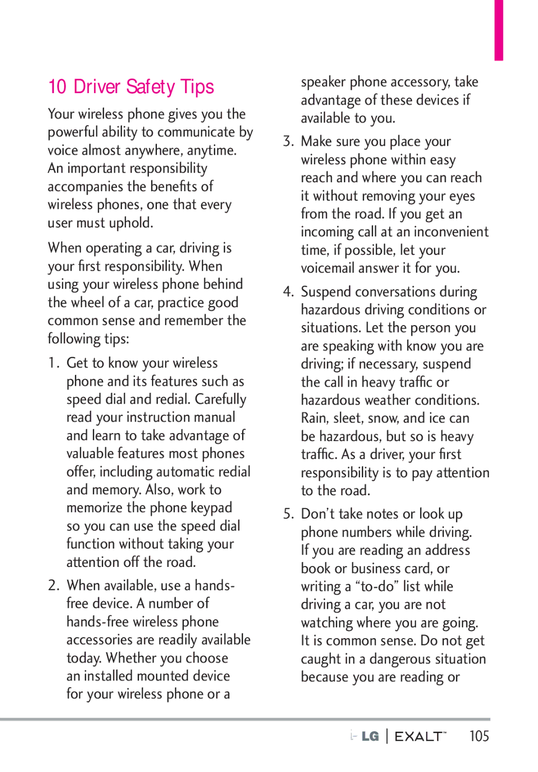 LG Electronics MFL67874301 manual Driver Safety Tips, 105 