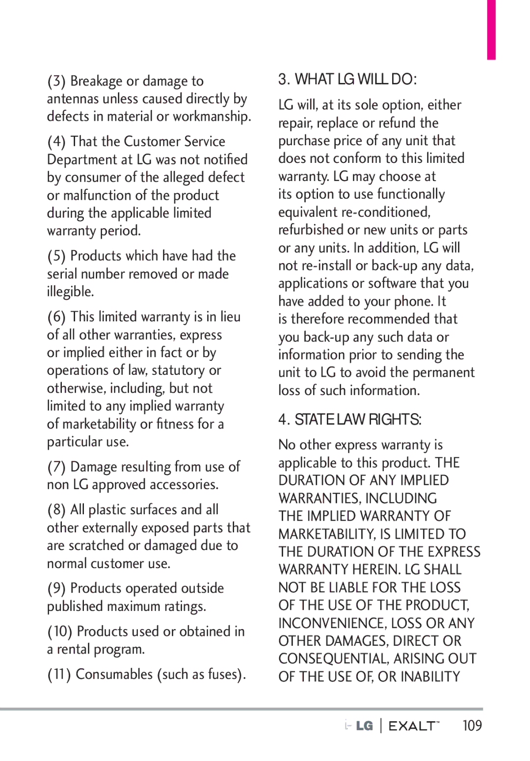 LG Electronics MFL67874301 manual That the Customer Service, Products used or obtained in a rental program, 109 