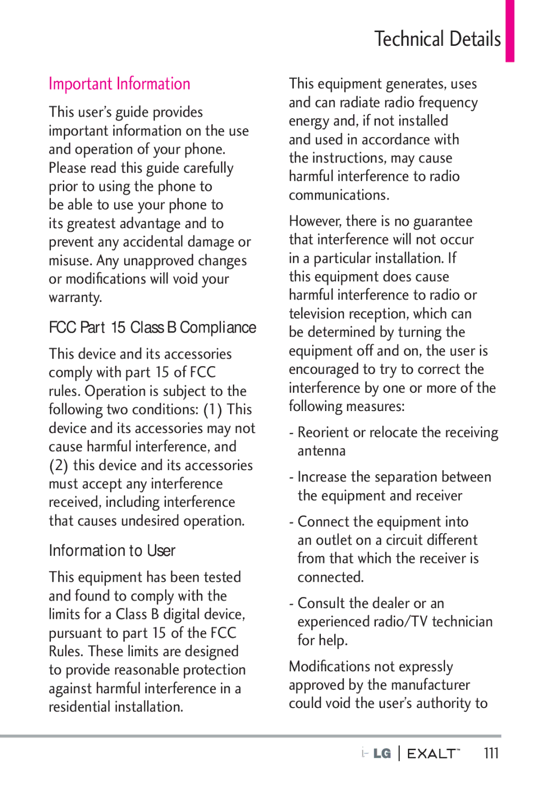 LG Electronics MFL67874301 manual Important Information, Information to User, 111 