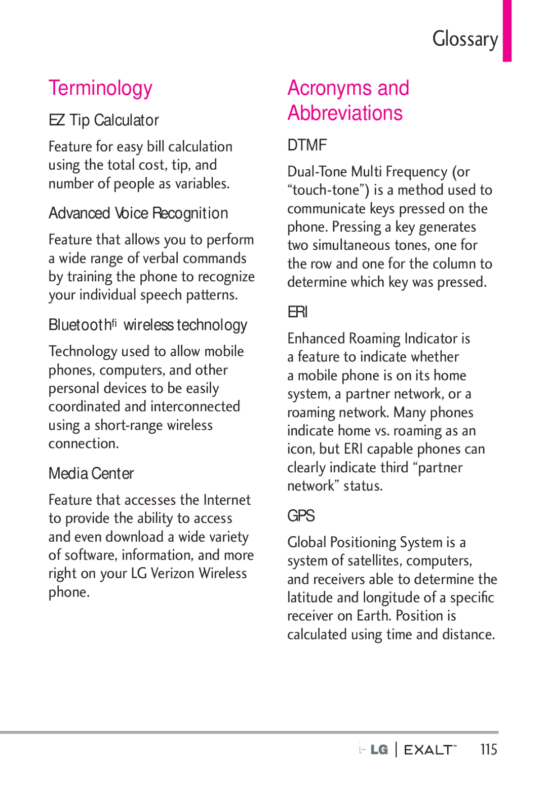 LG Electronics MFL67874301 manual Terminology, Acronyms Abbreviations, EZ Tip Calculator, Advanced Voice Recognition 