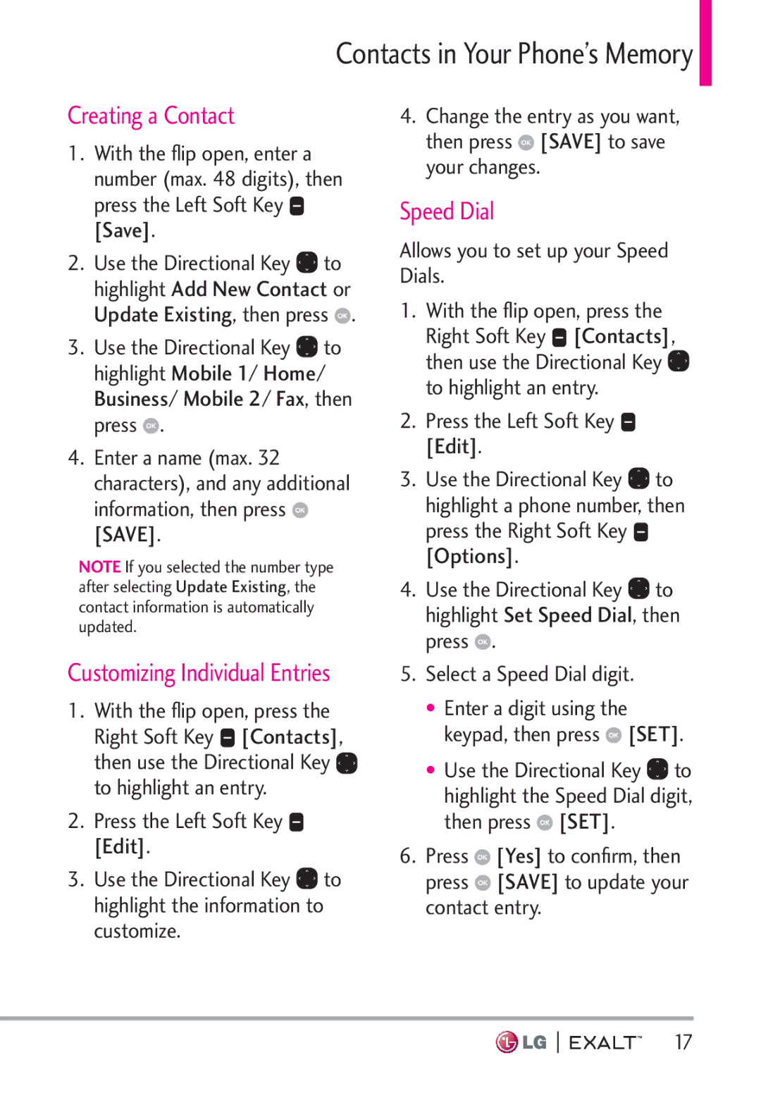 LG Electronics MFL67874301 manual Creating a Contact, Speed Dial, Press the Left Soft Key Save 