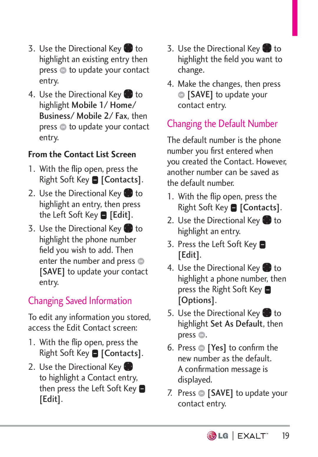 LG Electronics MFL67874301 manual Changing Saved Information, Changing the Default Number, From the Contact List Screen 