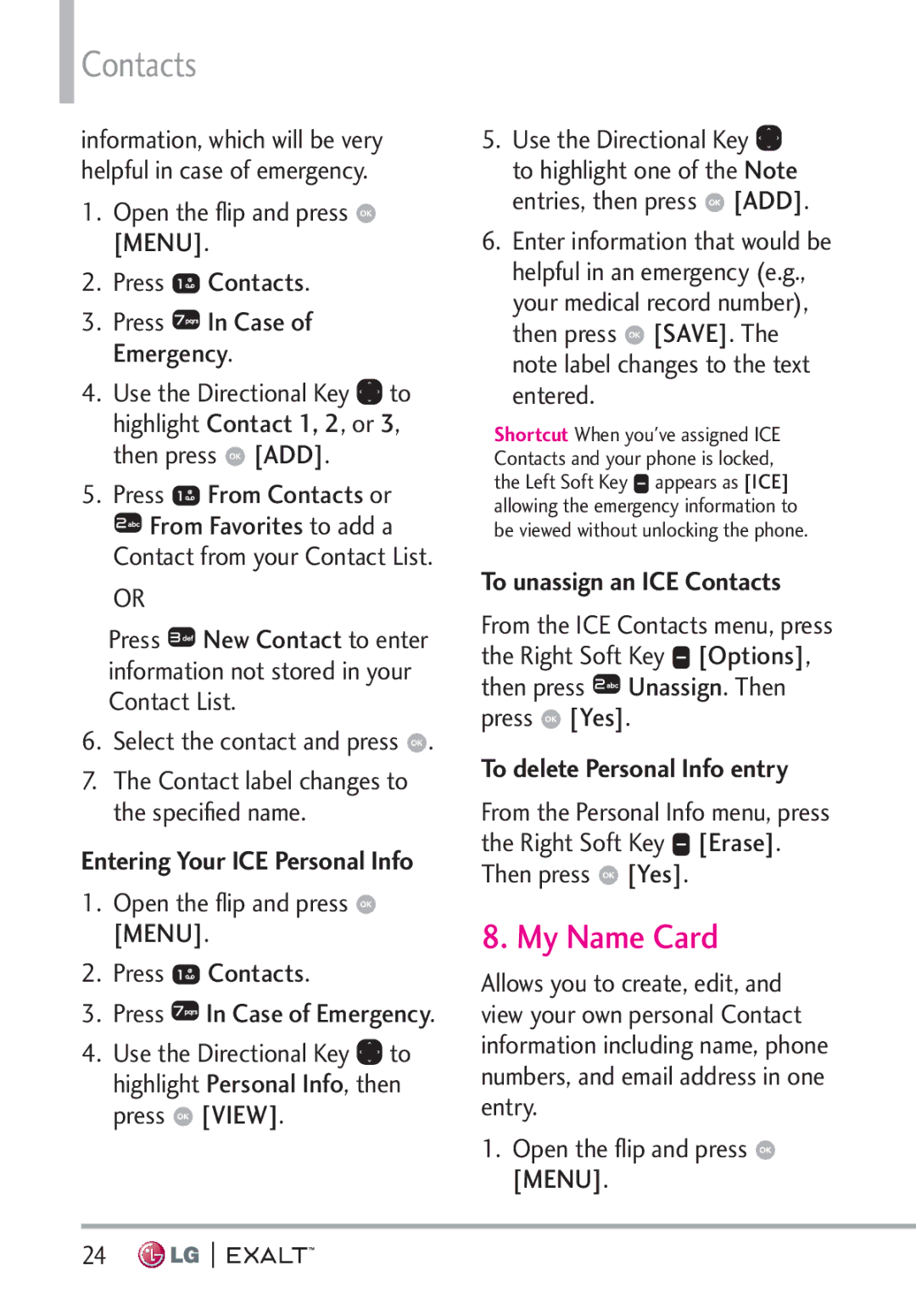 LG Electronics MFL67874301 manual My Name Card, To unassign an ICE Contacts, To delete Personal Info entry 