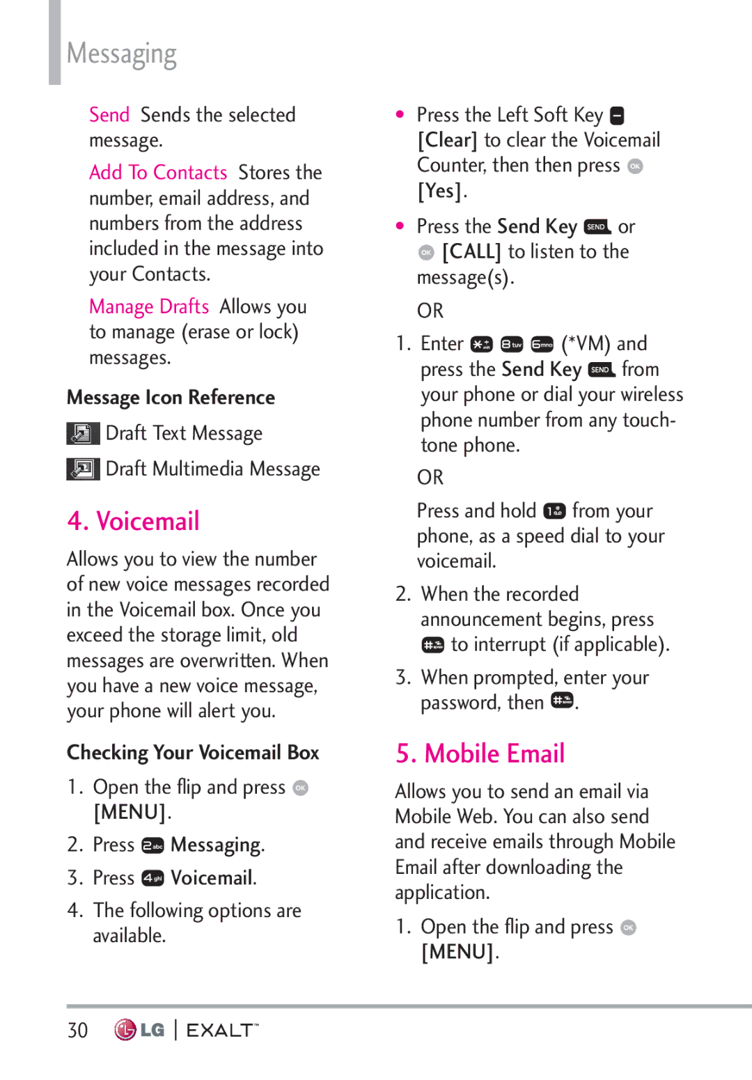 LG Electronics MFL67874301 manual Mobile Email, Send Sends the selected message, Checking Your Voicemail Box 