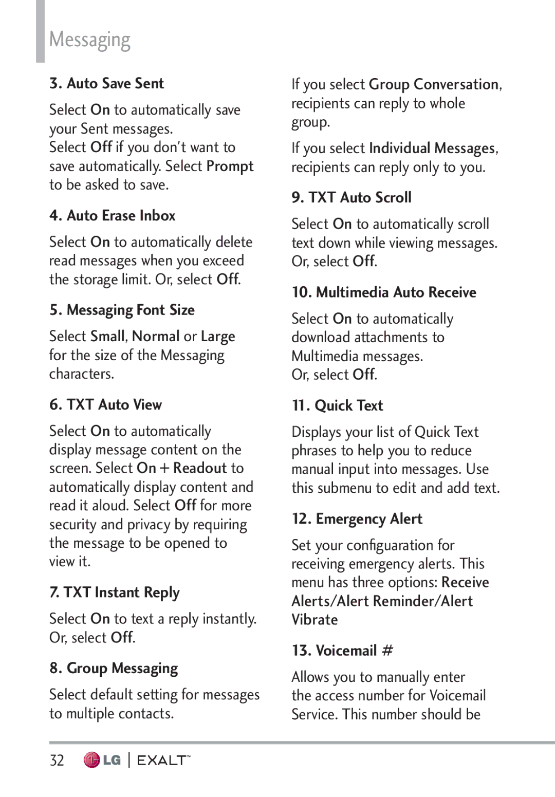 LG Electronics MFL67874301 manual Auto Save Sent, Auto Erase Inbox, Messaging Font Size, TXT Auto View, TXT Instant Reply 