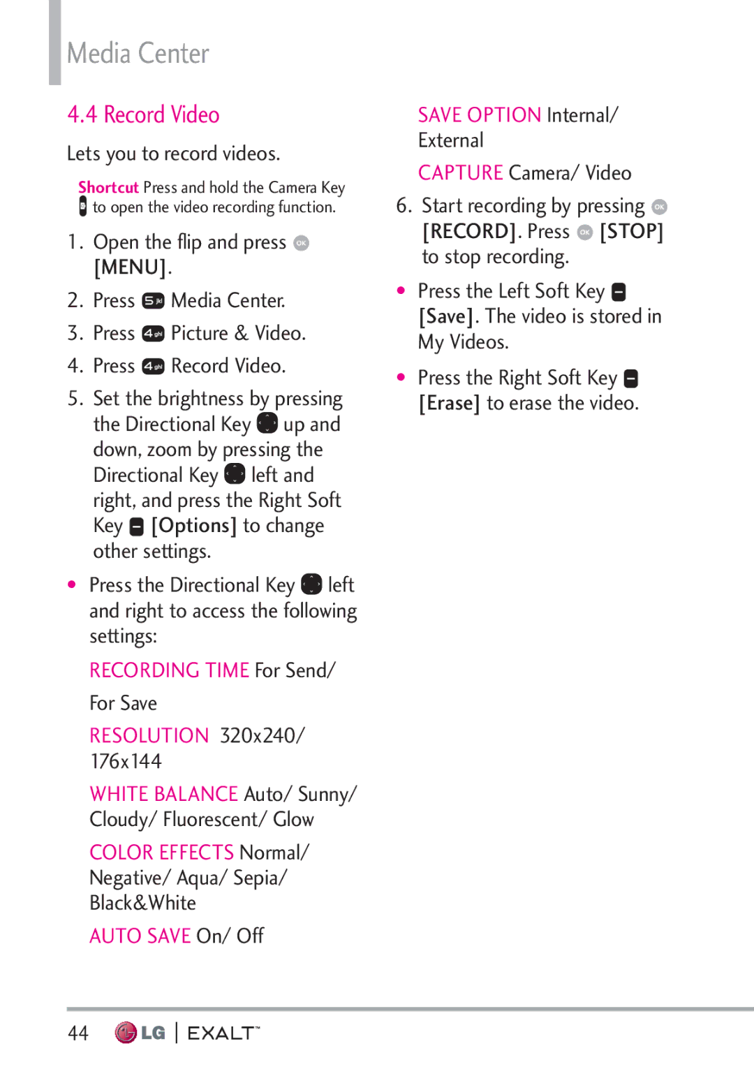 LG Electronics MFL67874301 manual Record Video, Lets you to record videos, For Save, External Capture Camera/ Video 