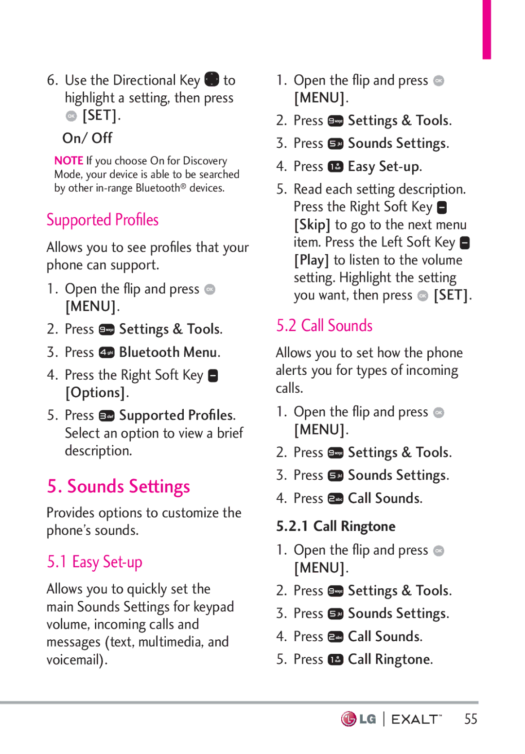 LG Electronics MFL67874301 manual Sounds Settings, Supported Proﬁles, Easy Set-up, Call Sounds, Call Ringtone 