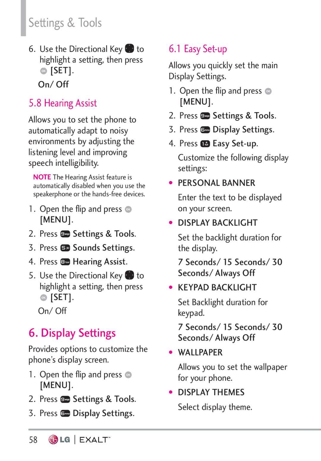 LG Electronics MFL67874301 manual Display Settings, Hearing Assist, Enter the text to be displayed on your screen 