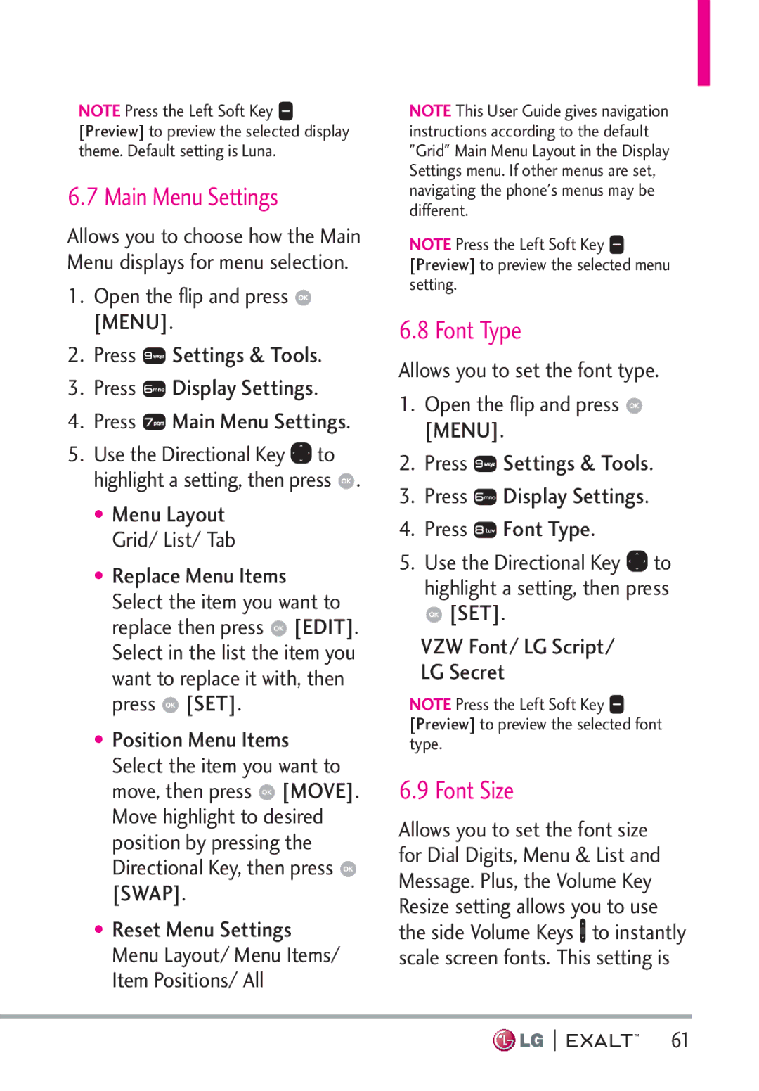 LG Electronics MFL67874301 manual Main Menu Settings, Font Type, Font Size, † Menu Layout Grid/ List/ Tab 