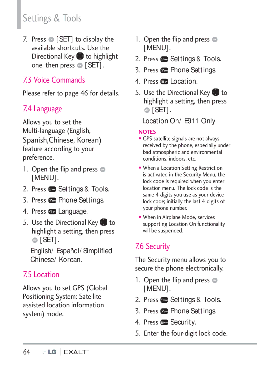 LG Electronics MFL67874301 manual Language, Location, Security, Please refer to page 46 for details 