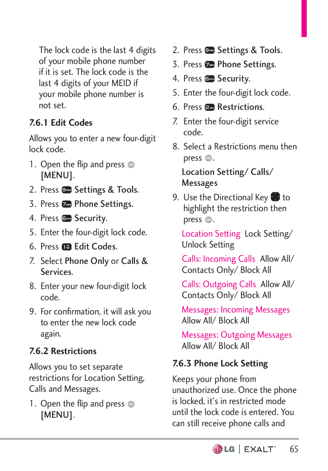 LG Electronics MFL67874301 manual Edit Codes, Restrictions, Phone Lock Setting 