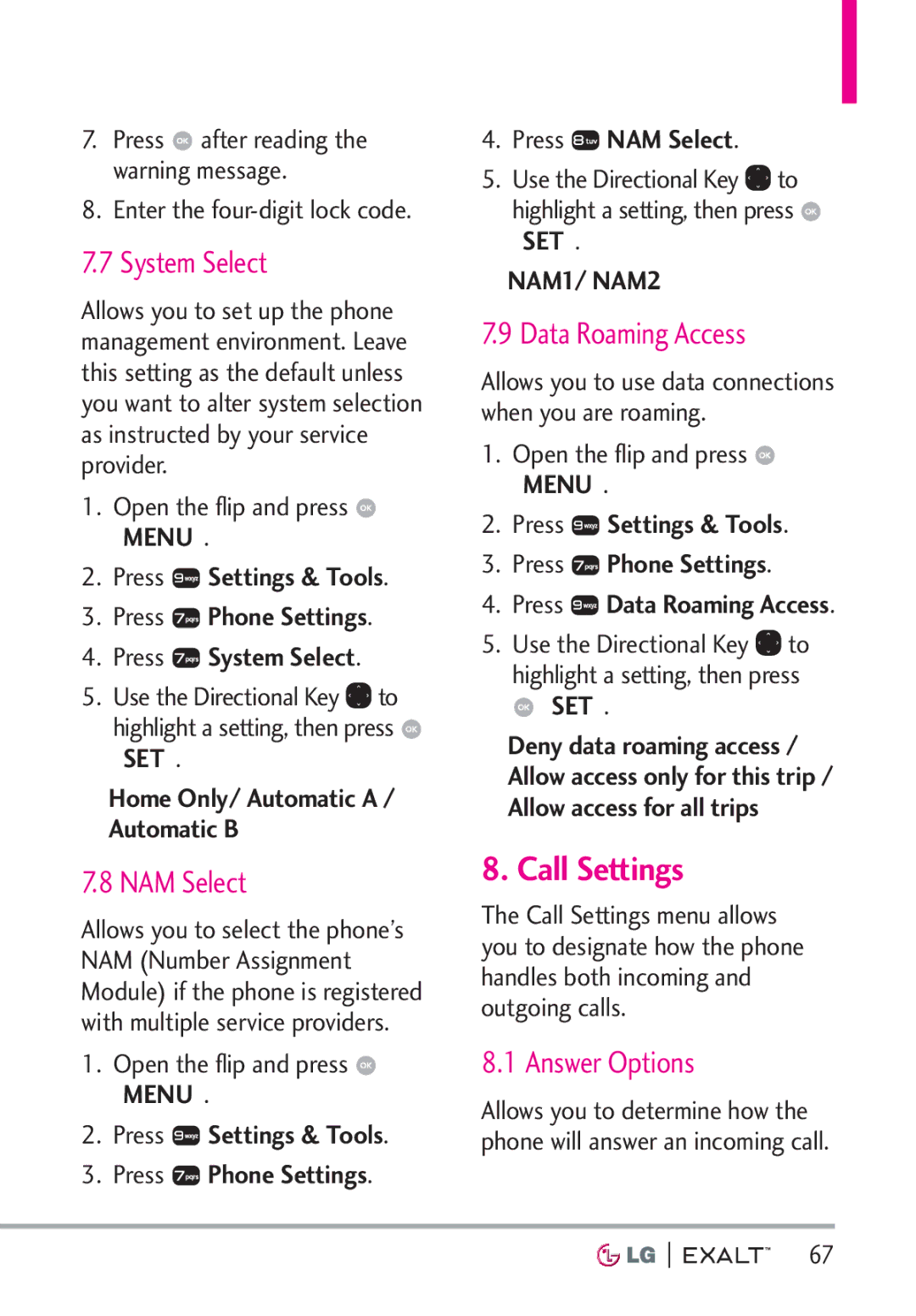 LG Electronics MFL67874301 manual Call Settings, System Select, NAM Select, Data Roaming Access, Answer Options 