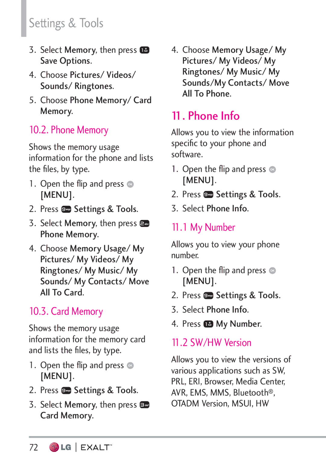 LG Electronics MFL67874301 manual Phone Info, Phone Memory, Card Memory, My Number, 11.2 SW/HW Version 